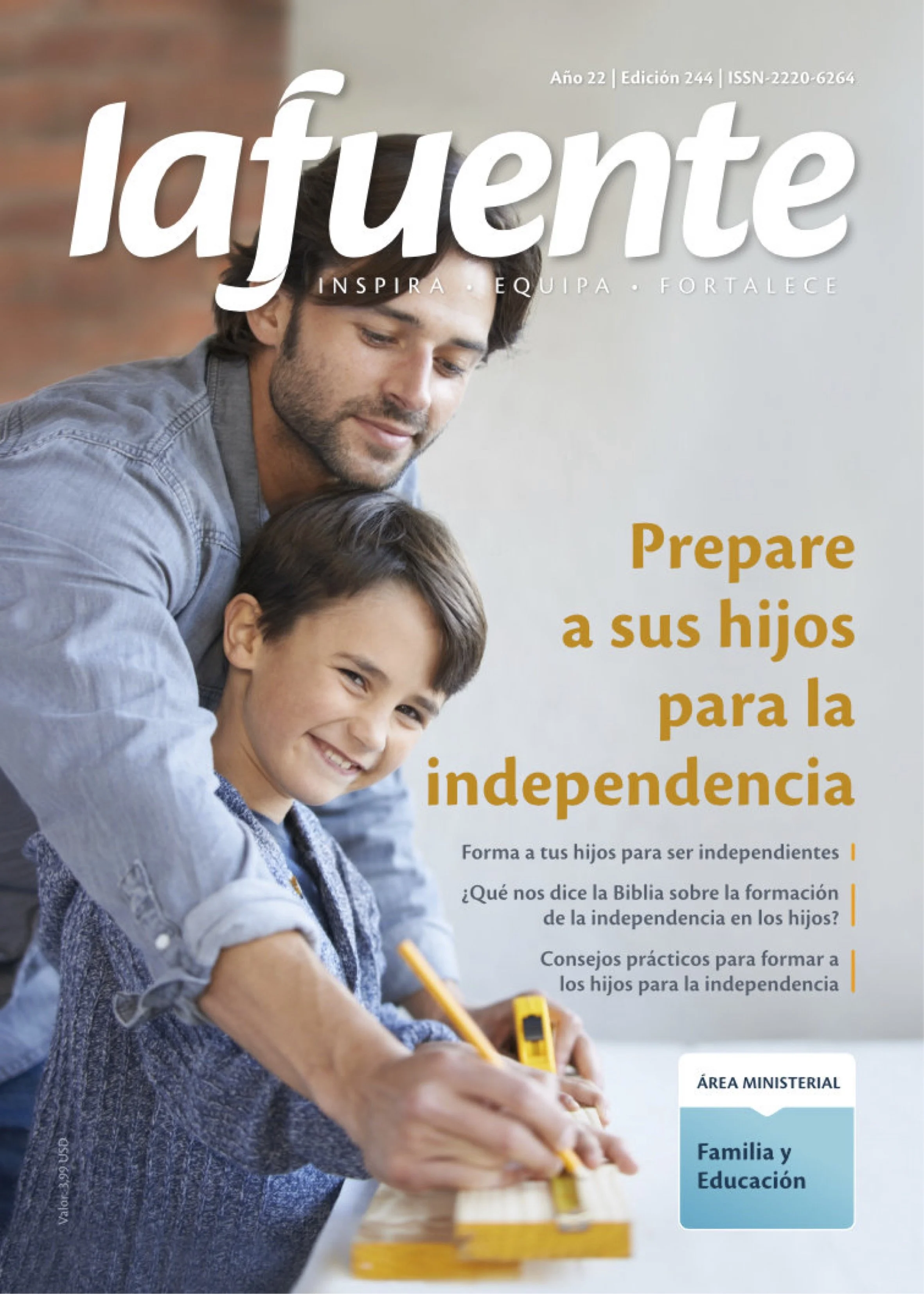 Cover of a magazine with a man and a boy, both smiling, engaged in an activity, possibly a craft, on a white table. The magazine features titles and text in Spanish related to independence and education.