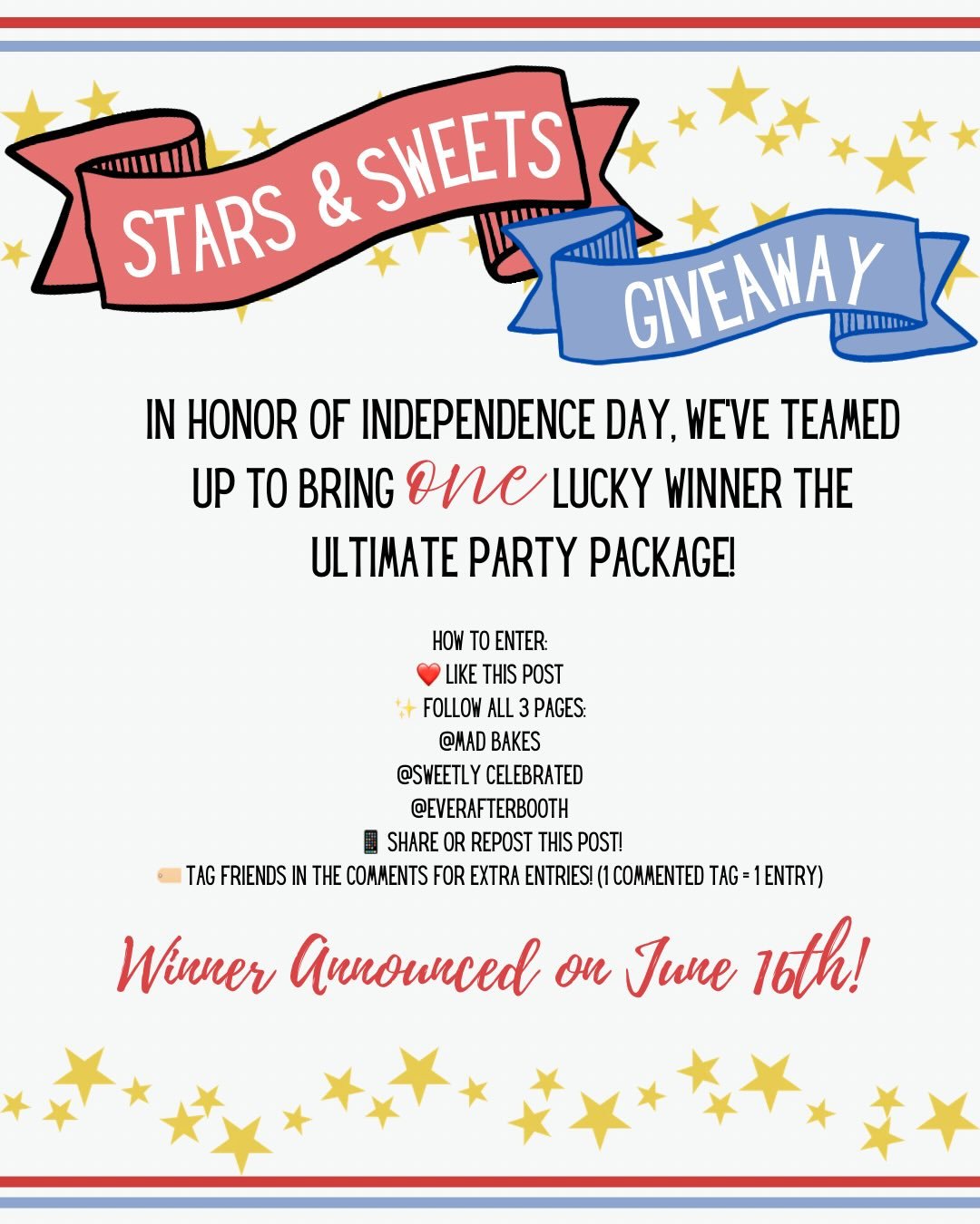 🎆✨ STARS &amp; SWEETS GIVEAWAY ✨🎆

🇺🇸 In honor of Independence Day, we've teamed up to bring one lucky winner the ultimate party package! ❤️🤍💙

🎂 Prize Includes:
✨ A custom 6&rdquo; cake from Mad Bakes
🎈 Mini balloon garland &amp; party decor