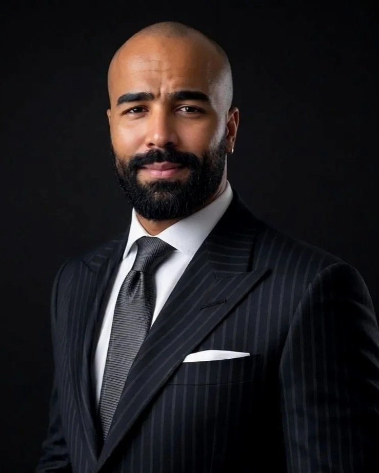 A man with a shaved head and a full beard wearing a dark pinstripe suit, white shirt, and a tie, standing against a dark background.