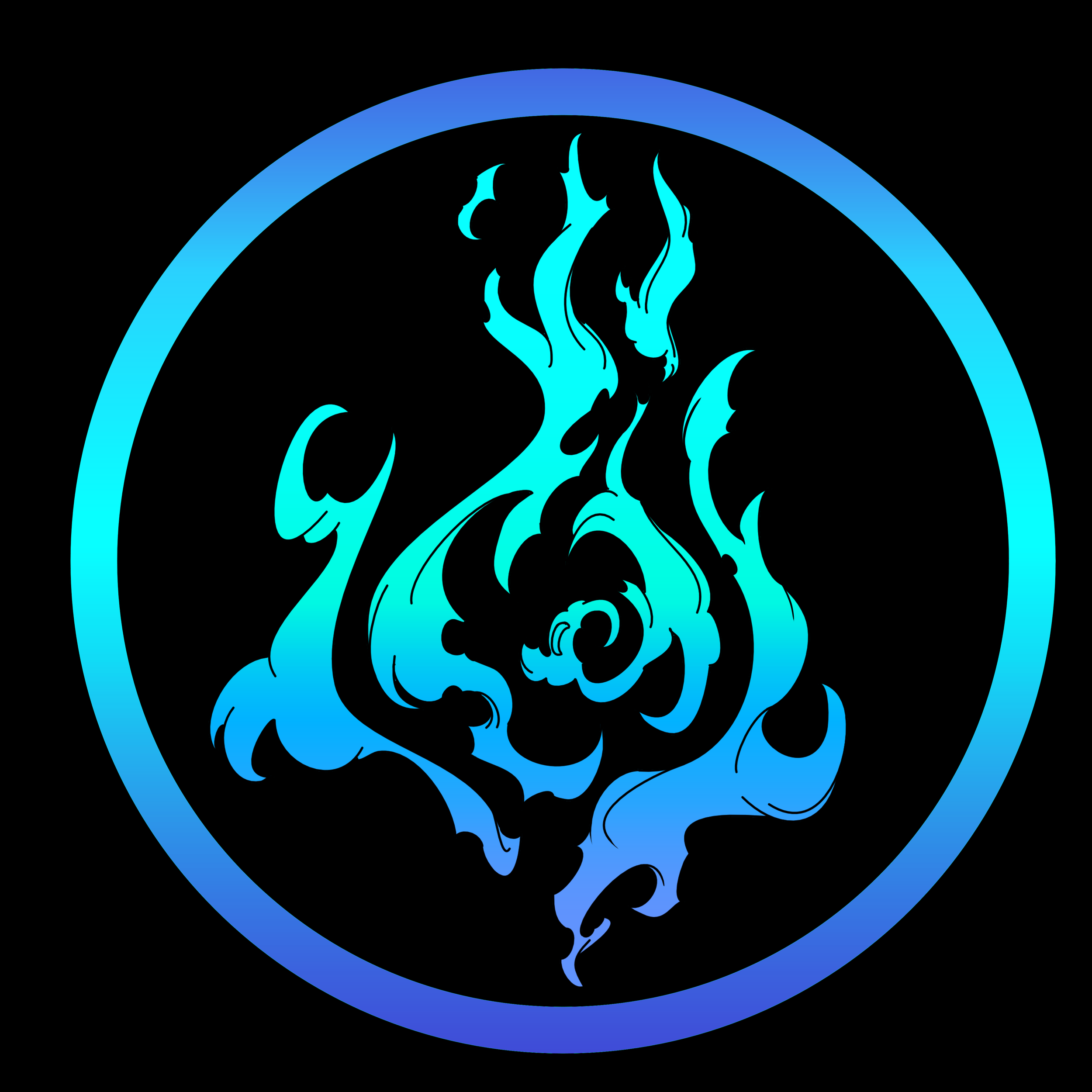 A stylized blue and black graphic of a dragon within a circular border.