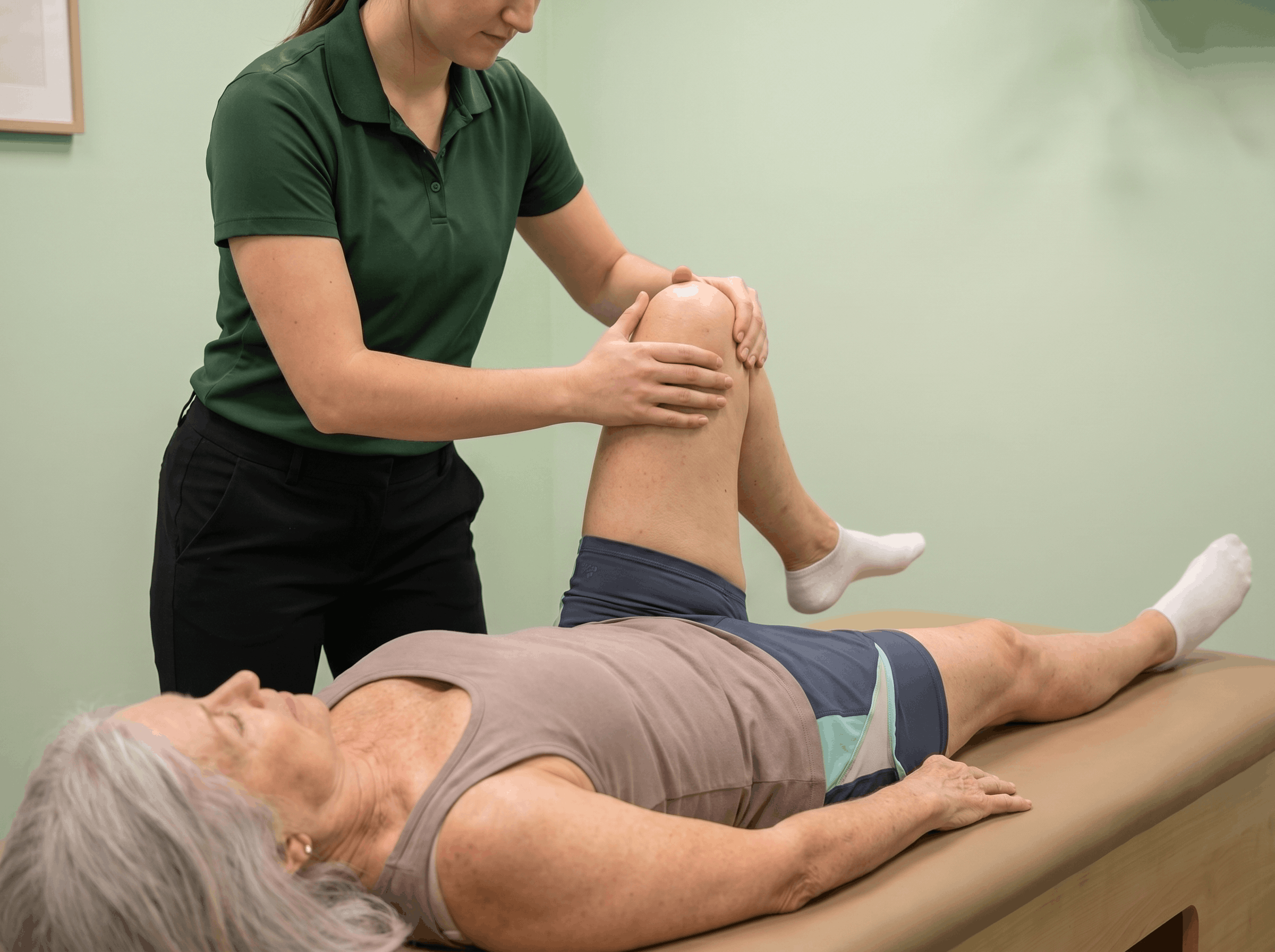 Stretchologist performing assisted knee and leg stretch on an older adult woman lying on a treatment table at Stretch Suite Oswego NY