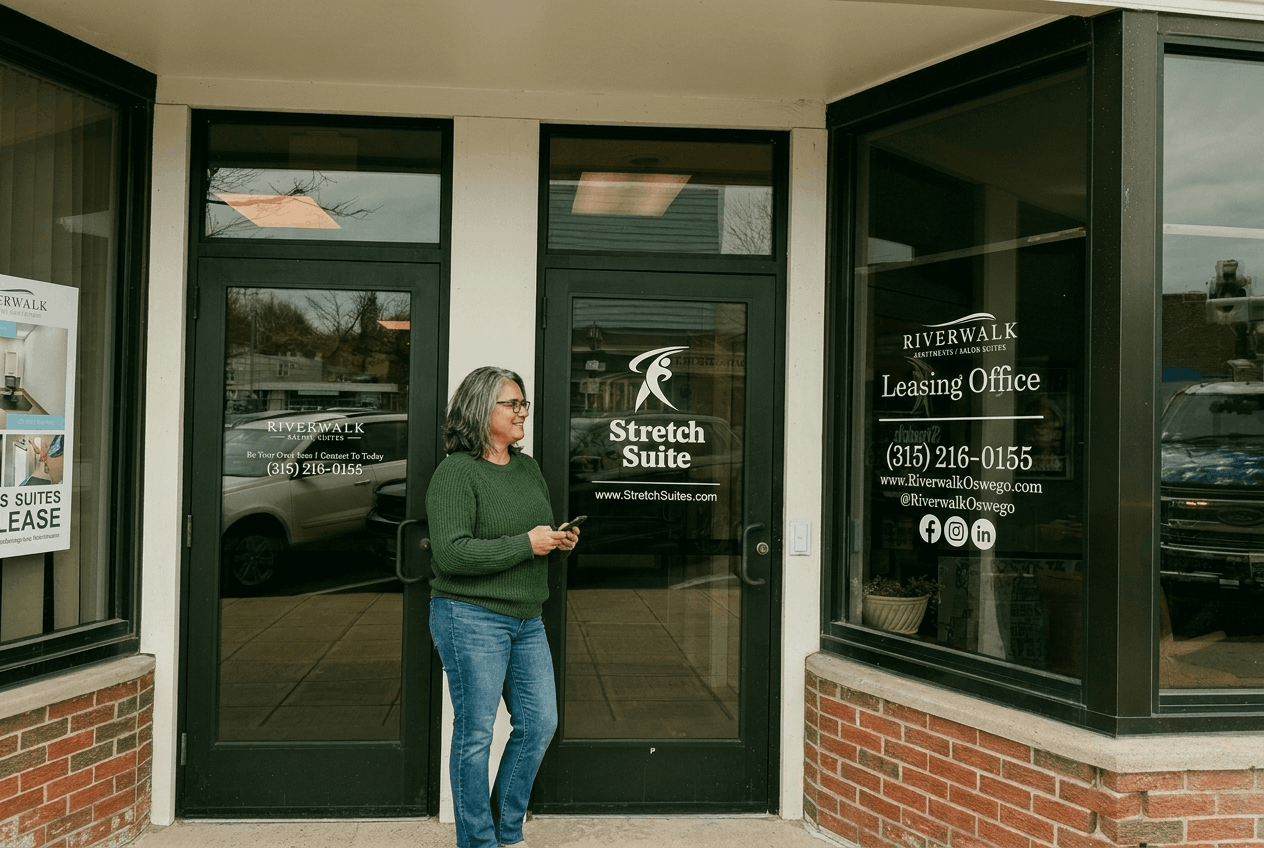 Client arriving in everyday clothes at Stretch Suite assisted stretching studio Oswego NY