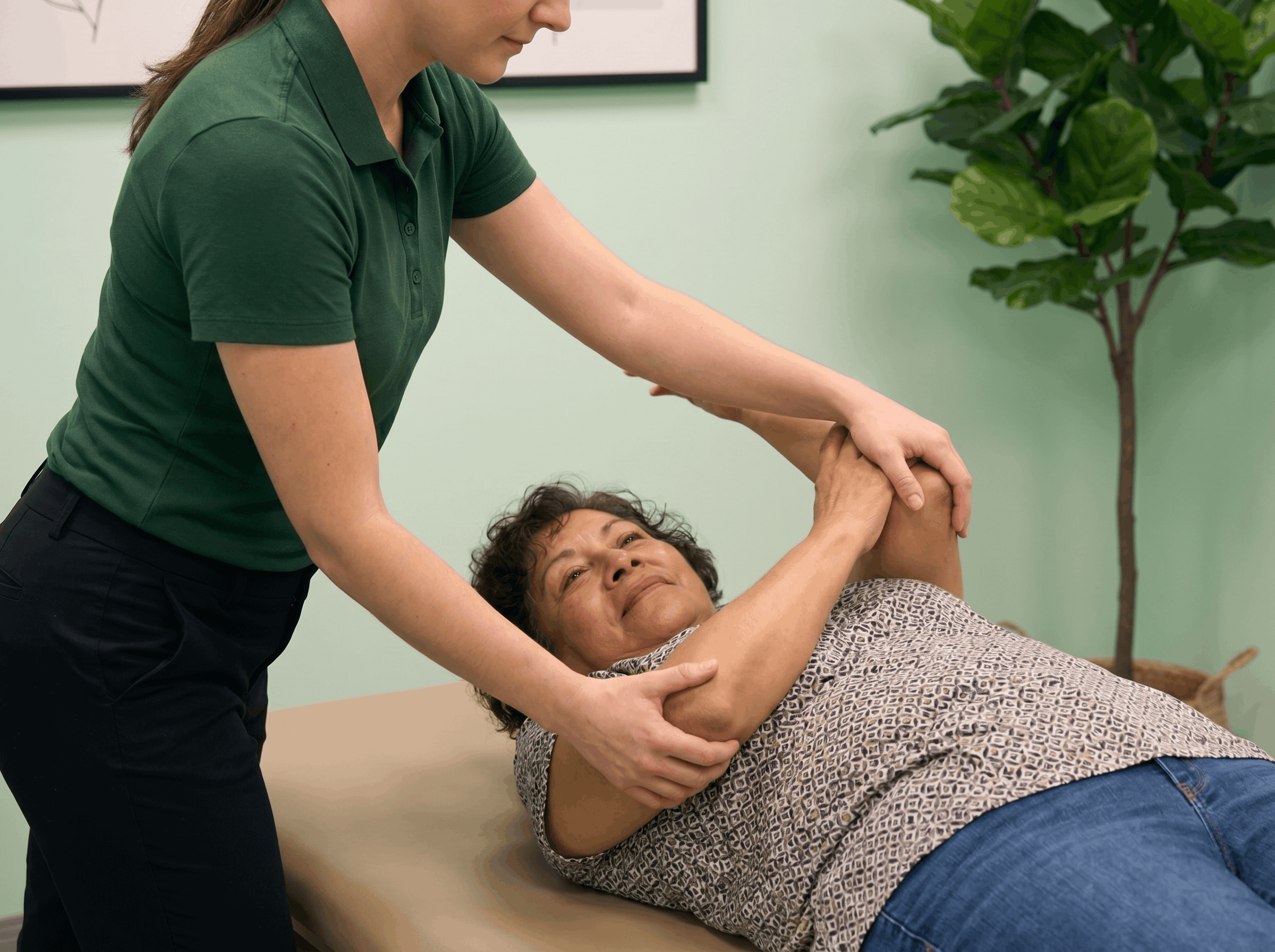 Stretchologist performing assisted arm and shoulder stretch on an older adult woman in everyday clothing lying on a treatment table at Stretch Suite Oswego NY