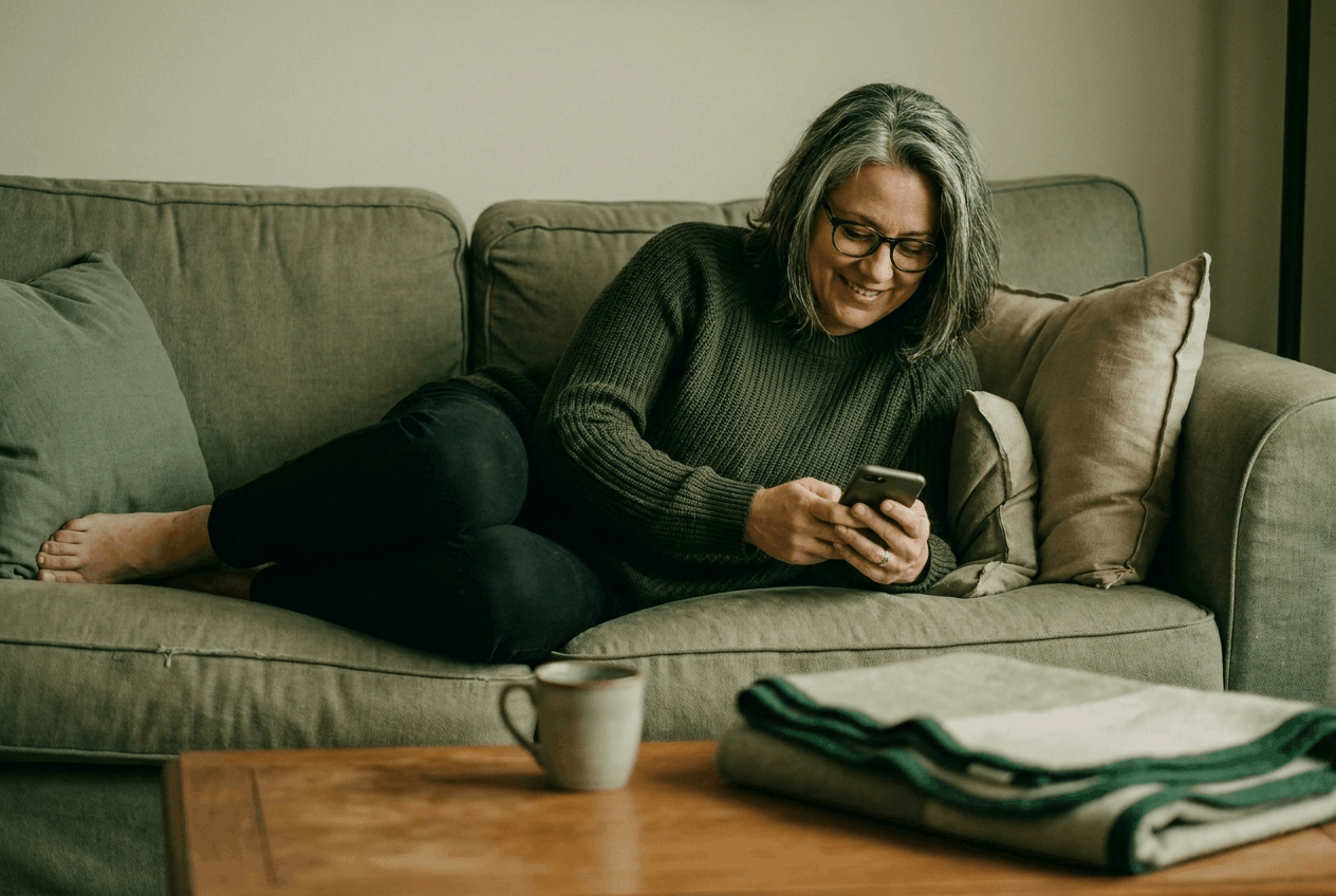 Woman booking assisted stretching appointment online on phone at Stretch Suite Oswego NY
