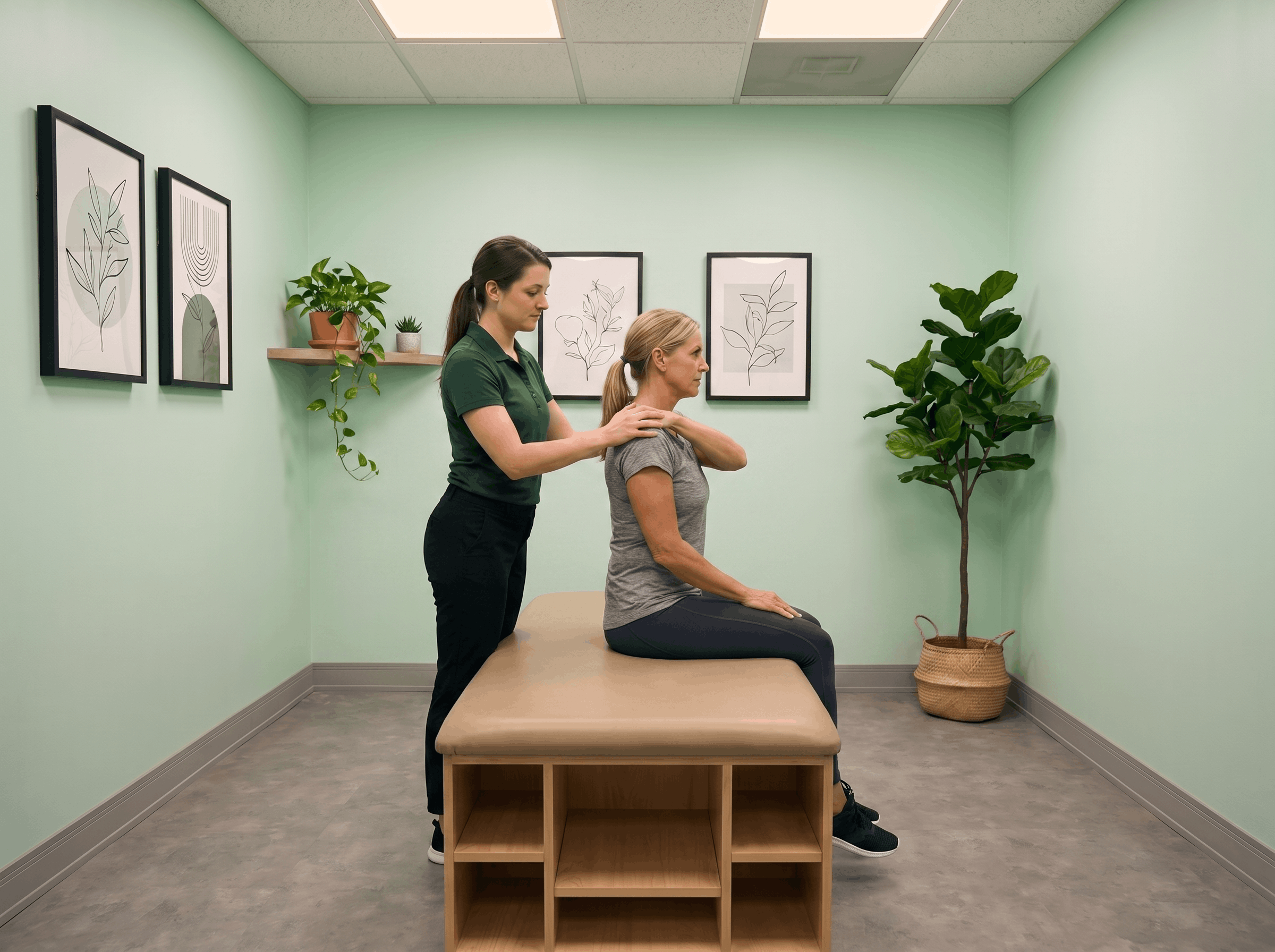Stretchologist performing assisted neck and shoulder stretch on a middle-aged woman seated in a private stretching room at Stretch Suite Oswego NY