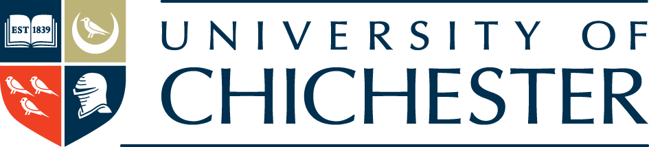 Logo of the University of Chichester featuring a crest with a book, a crescent moon with a star, and a knight's helmet, with the university name to the right.