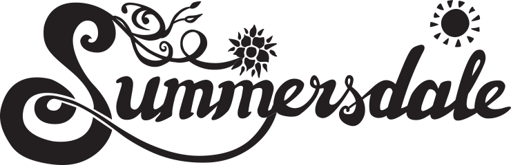 Black and white logo with the word 'Summersdale' in cursive, decorated with floral and swirl designs.