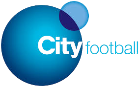 Logo of City Football Group (CFG) organisation, featuring a large blue sphere with smaller blue and purple shapes and text.