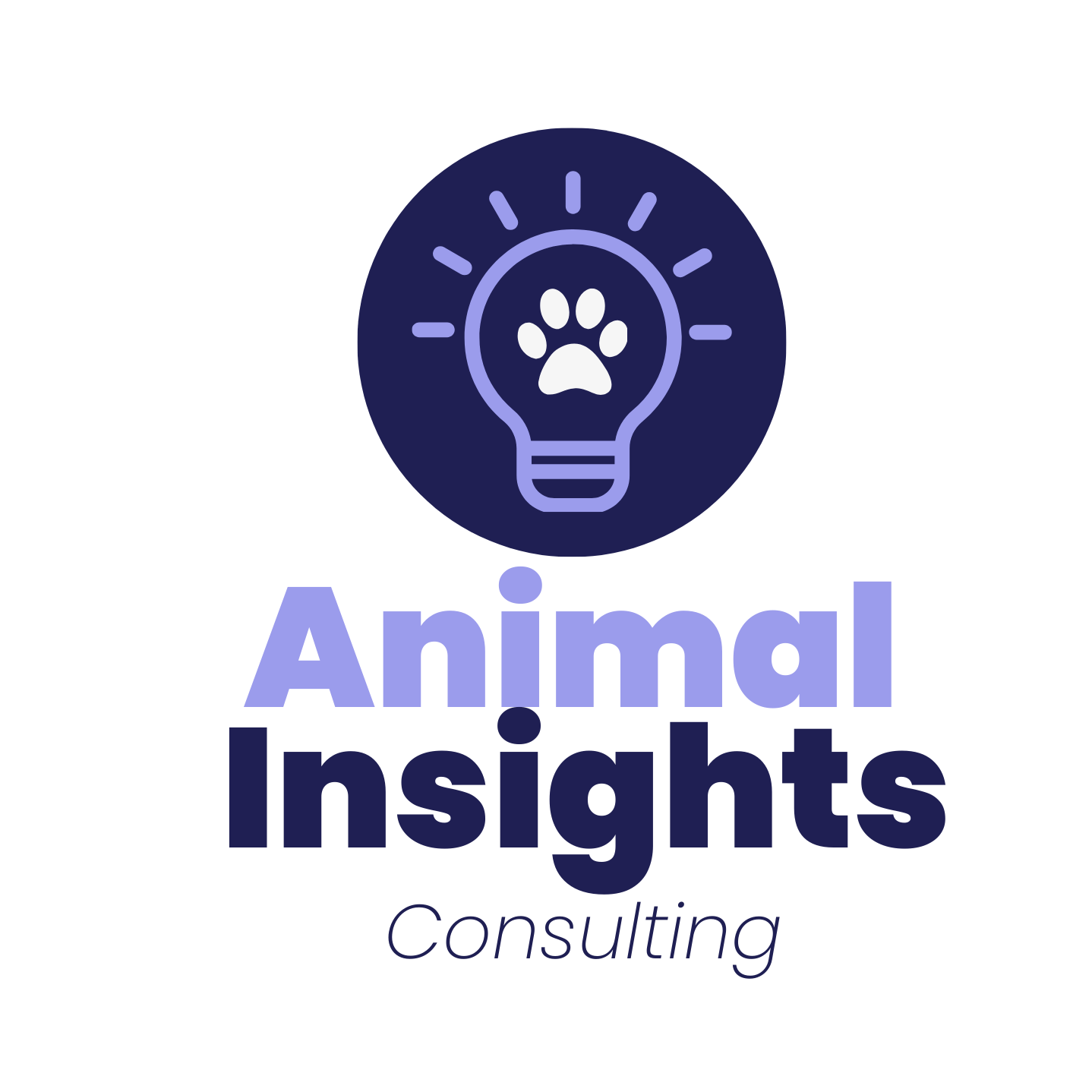 Logo for Animal Insights Consulting featuring a light bulb with a paw print inside and the company name below.