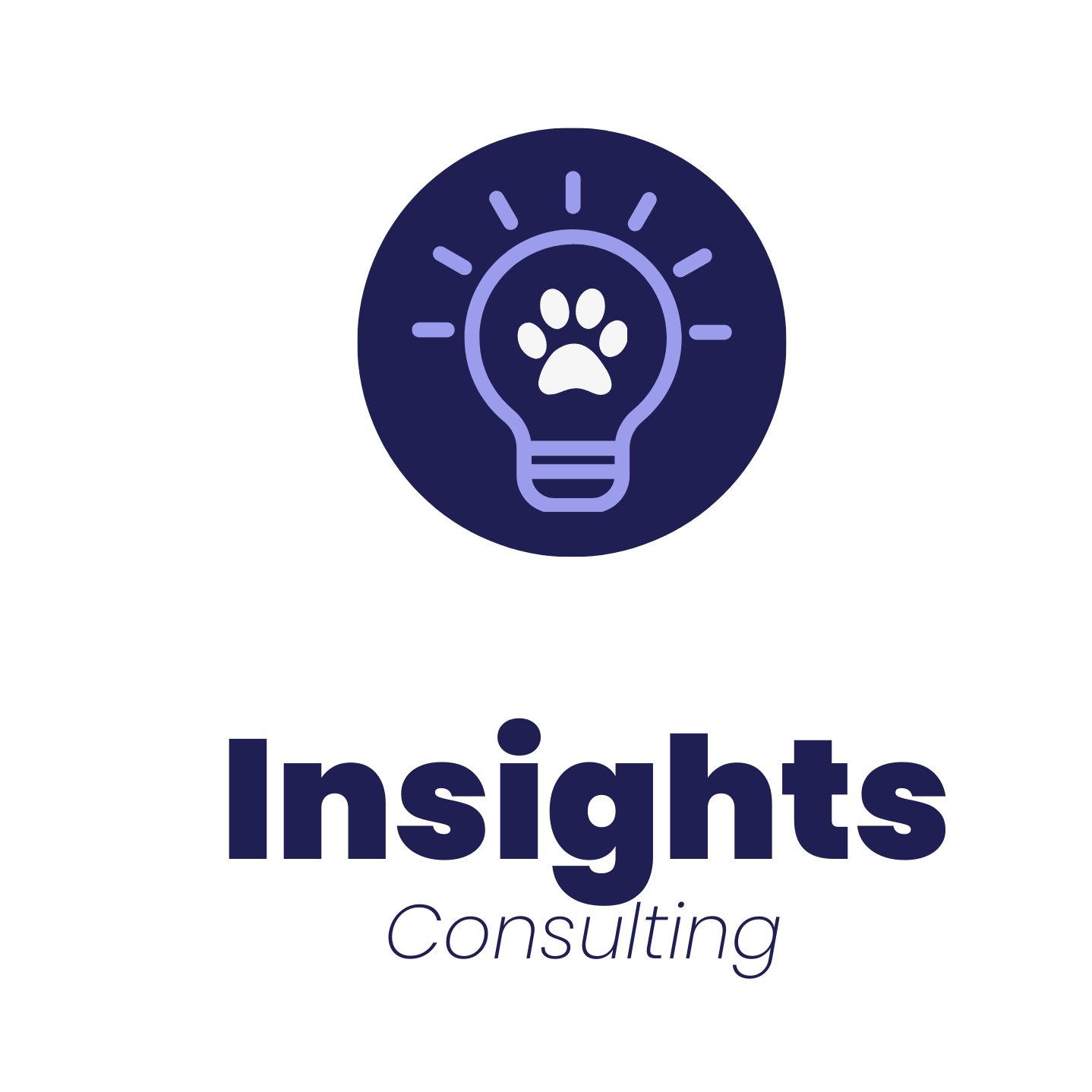 Logo for Animal Insights Consulting featuring a purple light bulb with a paw print inside and the text "Animal Insights Consulting" beneath it.