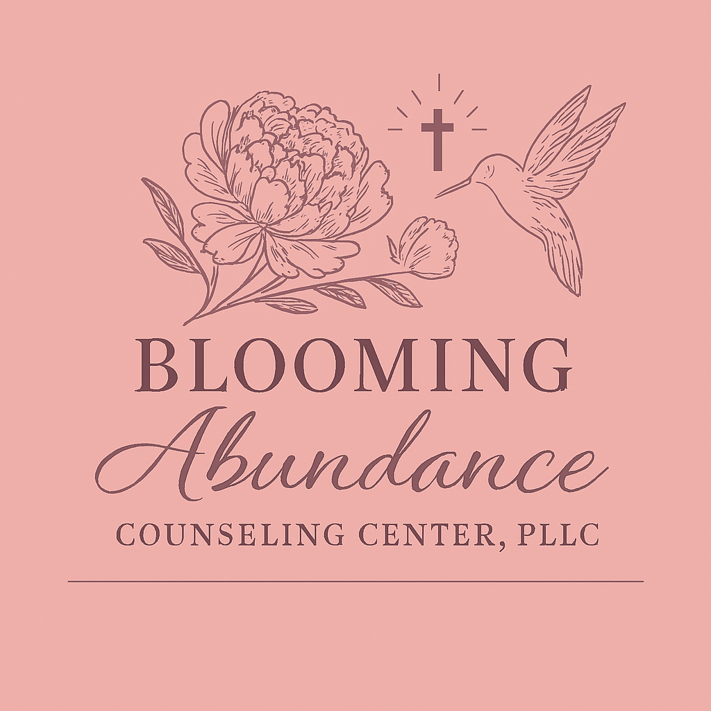 Pink background with line drawings of a flower and hummingbird, a cross symbol, and text that reads "Blooming Abundance Counseling Center, PLLC".