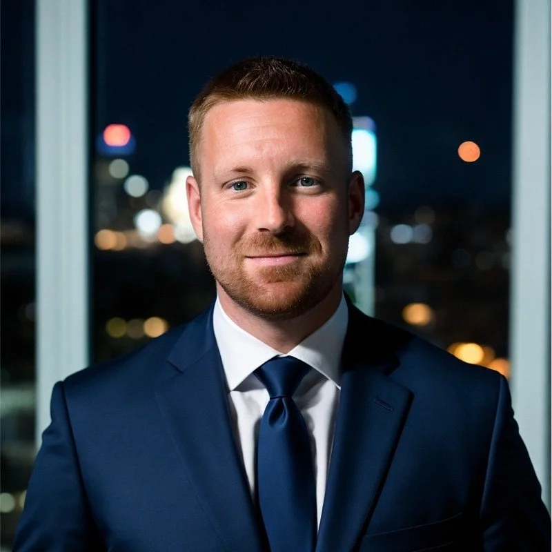 Portrait of a man in a navy suit and tie, standing indoors at night with city lights in the background.