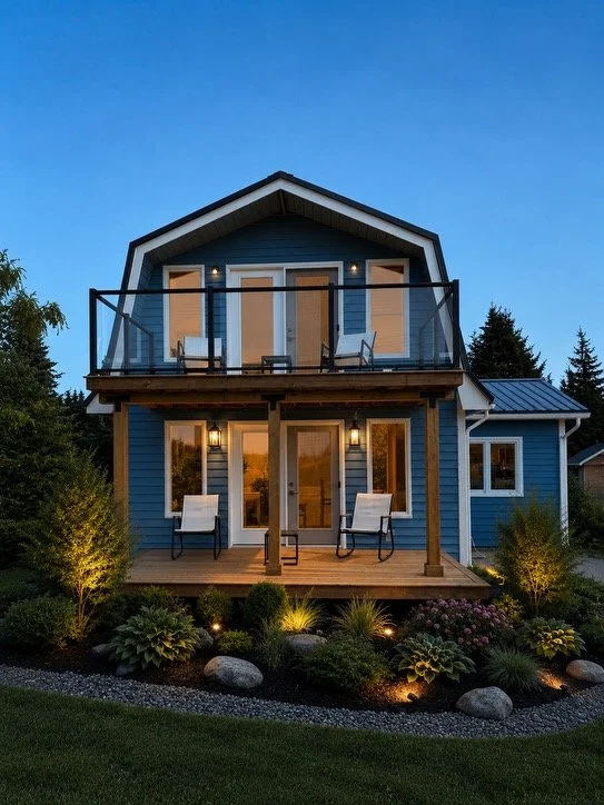 Blue two-story house with four windows, a turquoise door with a wreath, a small potted plant, and a wooden fence in front, with snow on the ground.