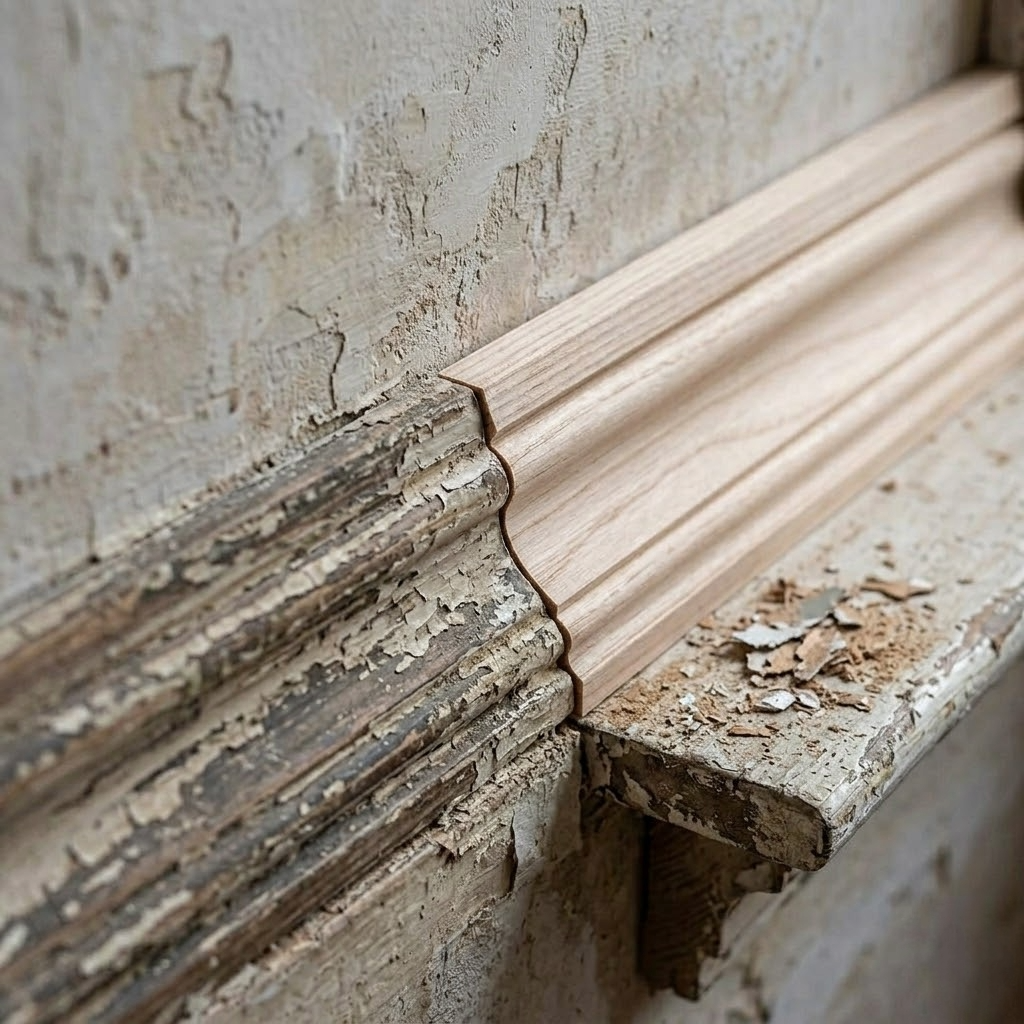 Close-up of a white panel door with decorative molding, sunlight casting shadows on the door