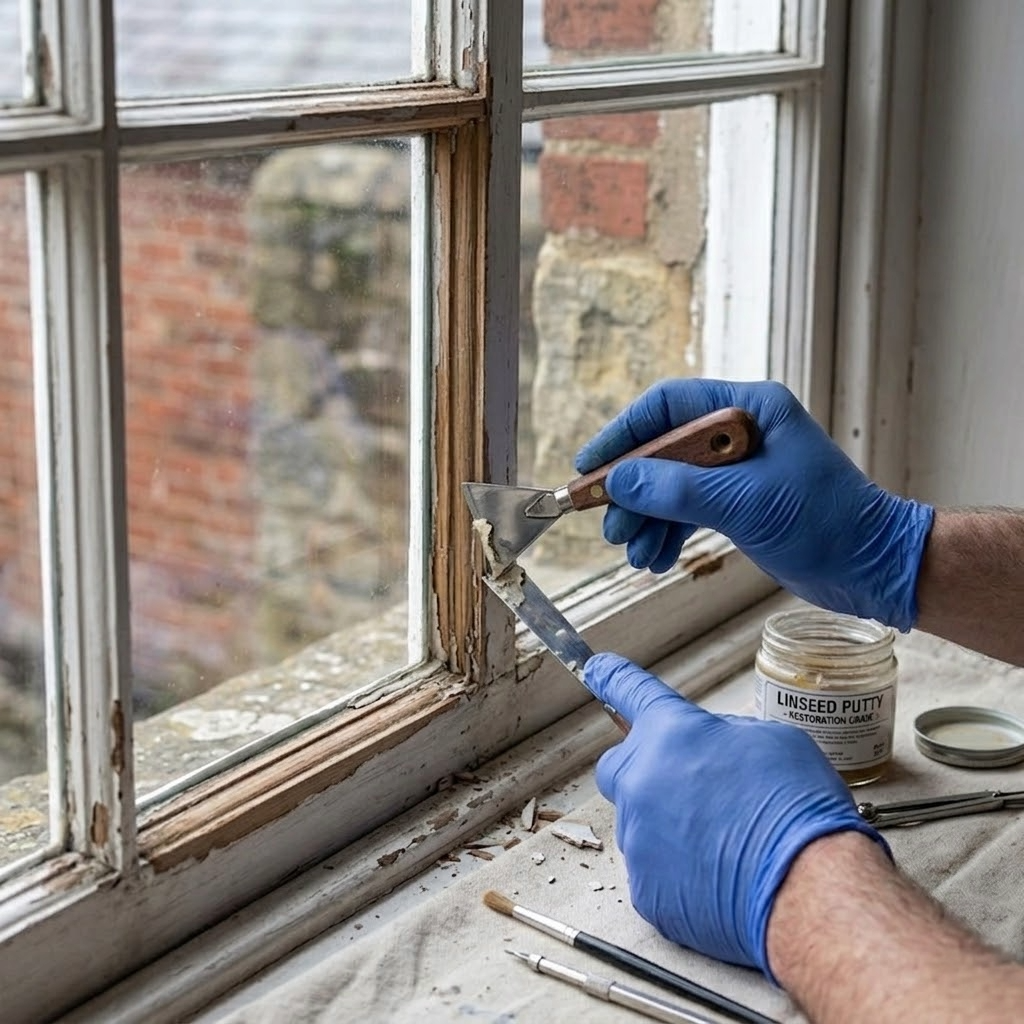 Person applying paint to a window frame inside a house.