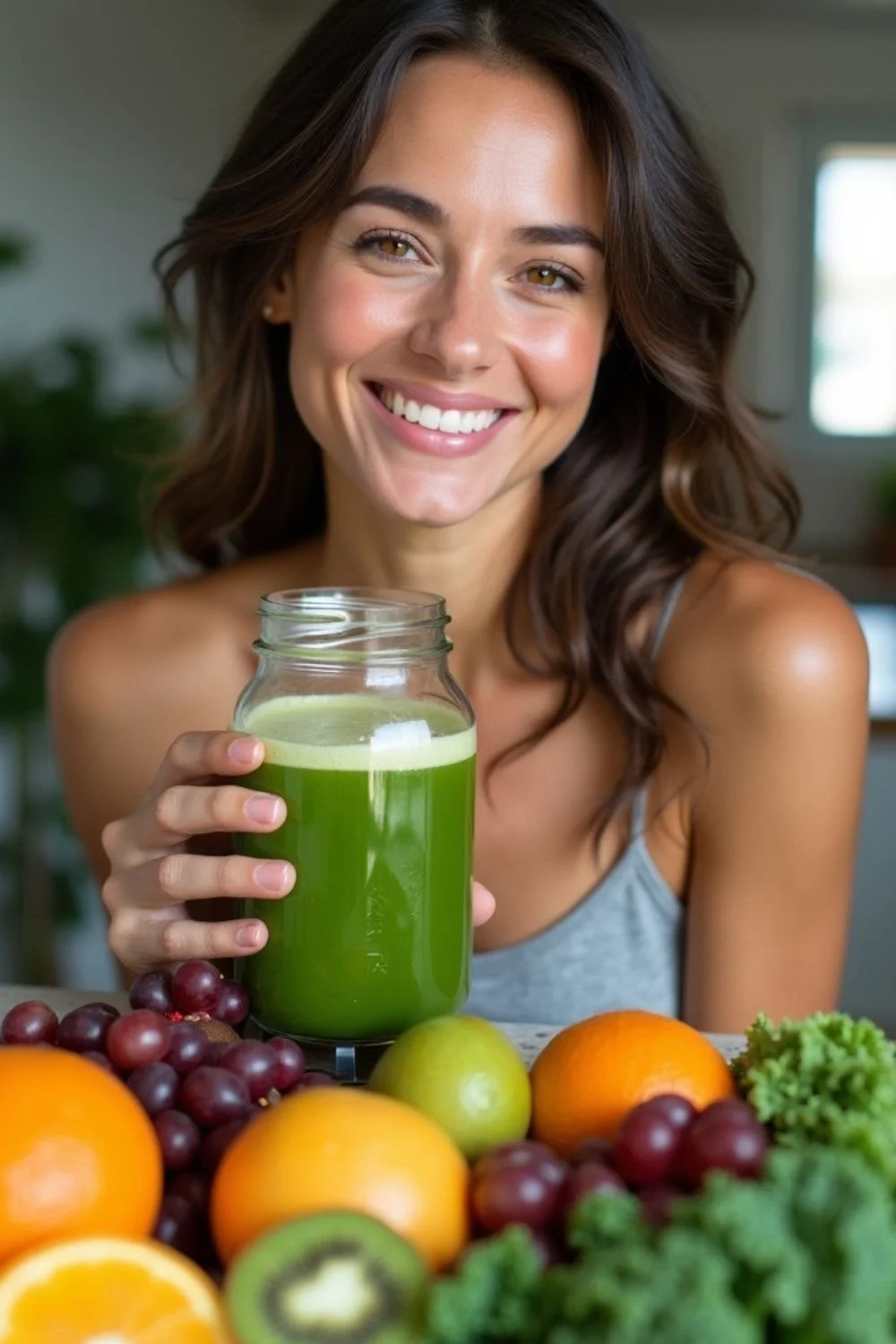 A woman with brown hair and a bright smile holding a glass jar filled with green juice, surrounded by various fruits including grapes, oranges, apples, and a kiwi, in an indoor setting with natural light.
