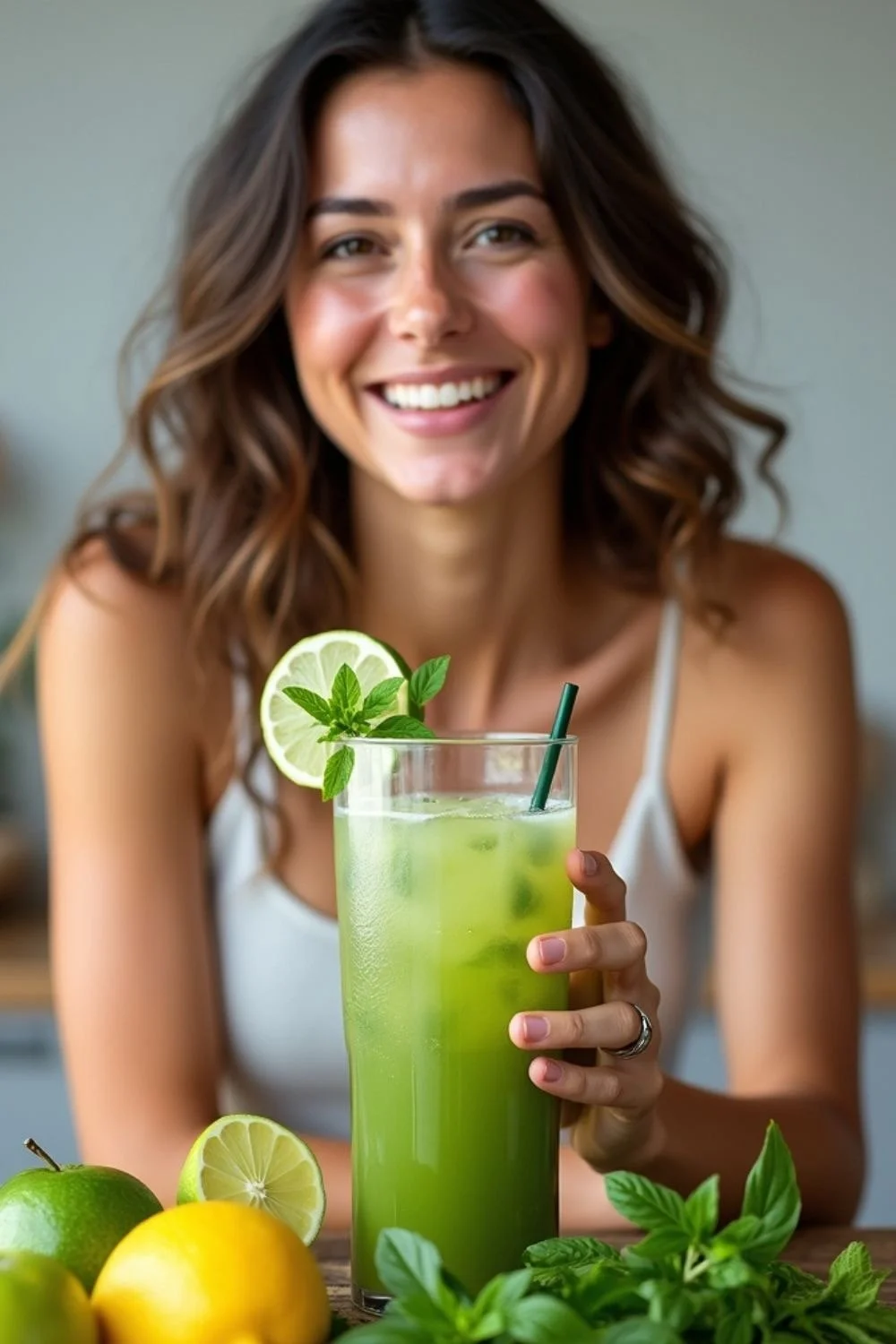 A woman with wavy brown hair smiling and holding a tall glass of green juice garnished with a lemon slice and mint leaves, in a bright indoor setting with fresh fruits and herbs on the table.