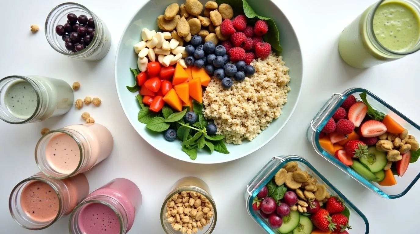 A colorful fruit and vegetable salad with blueberries, raspberries, cherry tomatoes, diced carrots, quinoa, seedless cucumber, and greens on a white plate, accompanied by various fruit smoothies and jars of granola on a white surface.