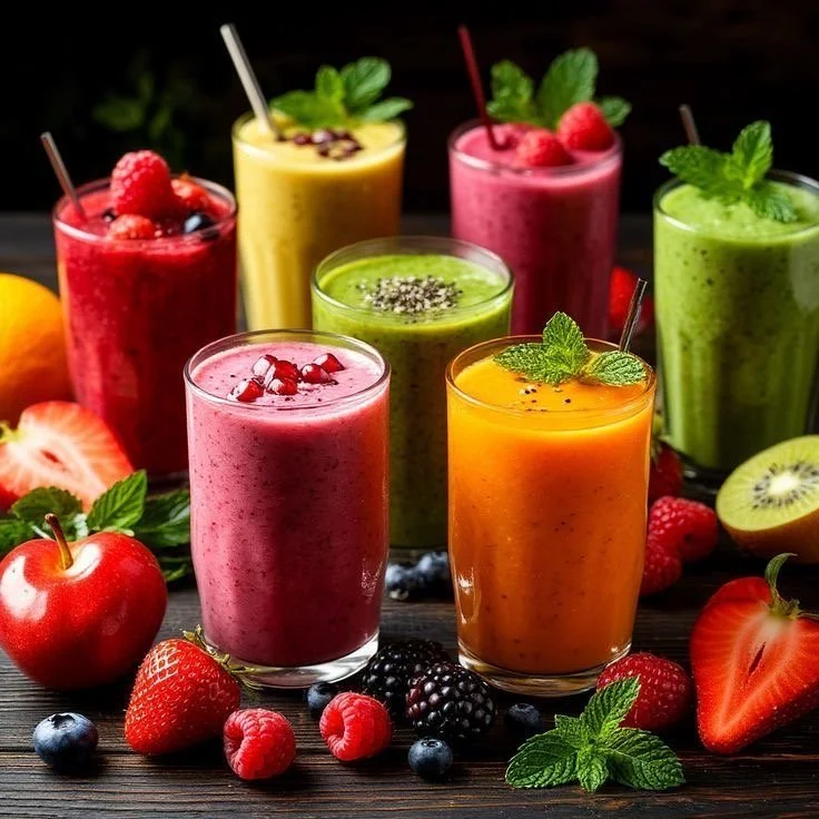 Seven colorful fruit smoothies in tall glasses garnished with fruits, herbs, and seeds on a dark table with fresh fruits around.