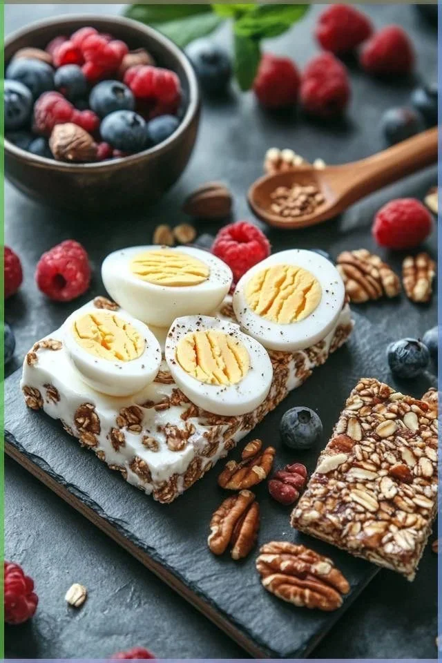 Hard-boiled eggs topped with black pepper on an oatmeal bar with nuts and dried fruit, alongside fresh raspberries, blueberries, and pecans on a black slate serving board.