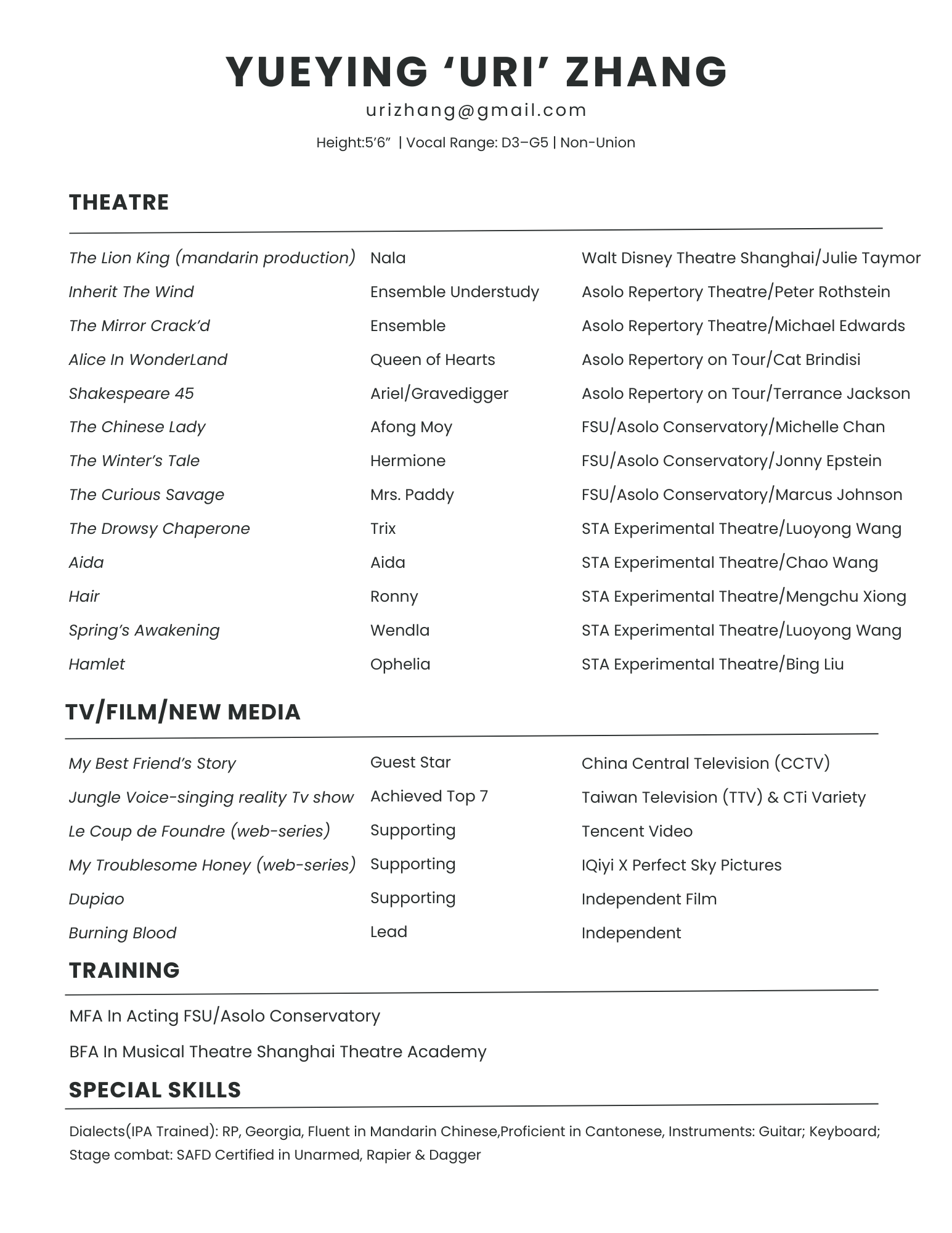 Resume of Yueying 'Uri' Zhang, featuring contact info, height, vocal range, and experience in theater, TV, film, training, and special skills.
