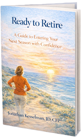 Book titled "Ready to Retire" by Jonathan Kesselman, JD, CFP, with a cover image of a person standing on the beach and looking at the sunset over the ocean.