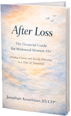 Book titled "After Loss: The Financial Guide for Widowed Women 55+" by Jonathan Kesselman, JD, CFP, with an illustrated sky and birds on the cover.