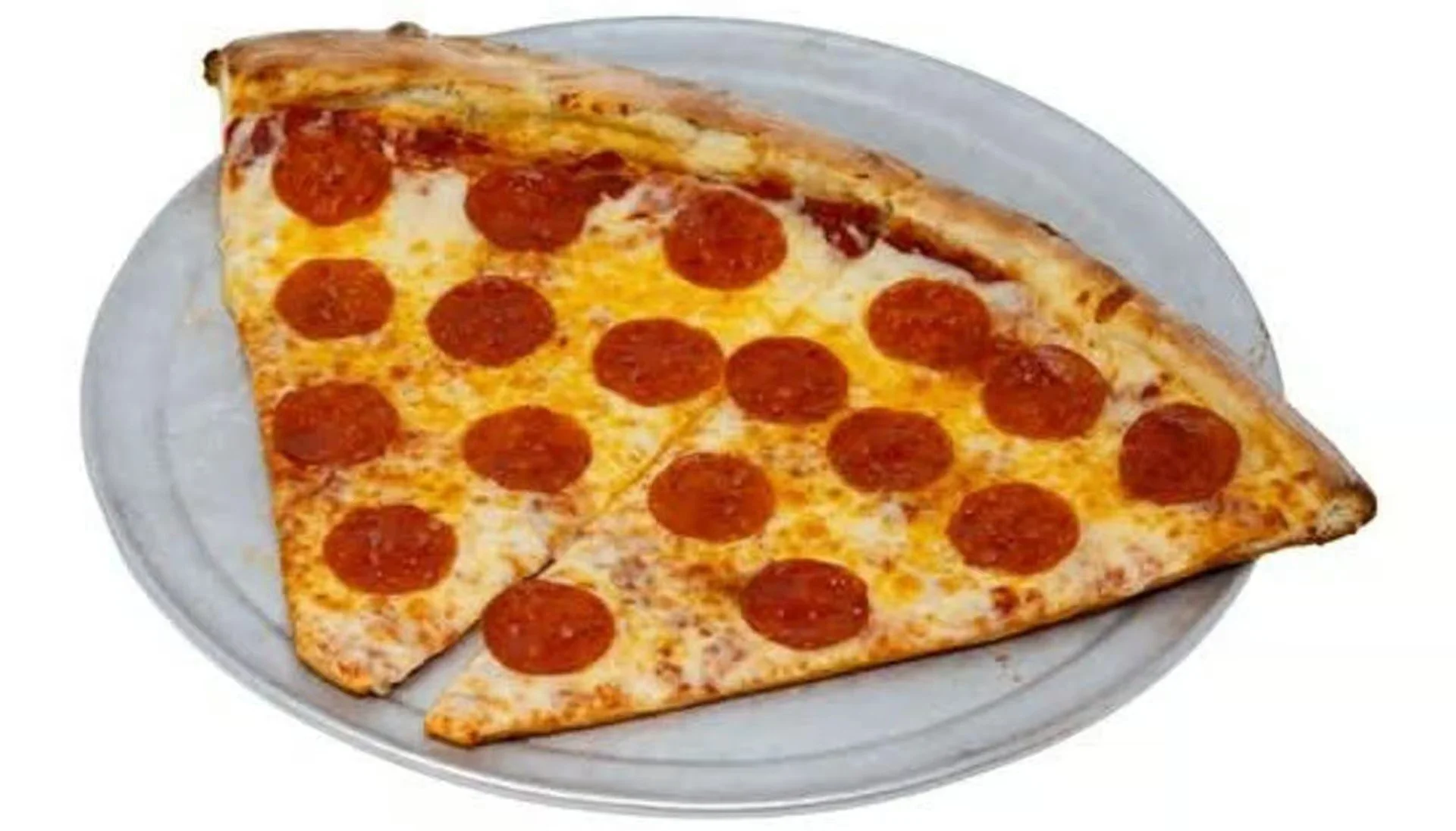 Two slices of pepperoni pizza on a white plate.