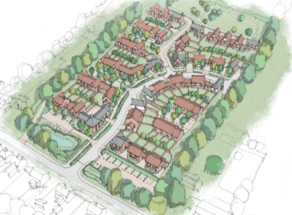 A detailed residential neighborhood map with houses, roads, trees, and green spaces.