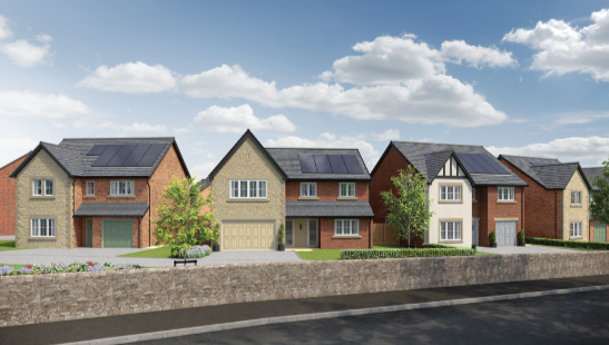 A row of modern suburban houses with solar panels on roofs, green lawns, trees, and a parked car, under a partly cloudy sky.