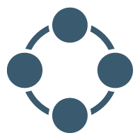 Icon of four connected circles forming a circular network.