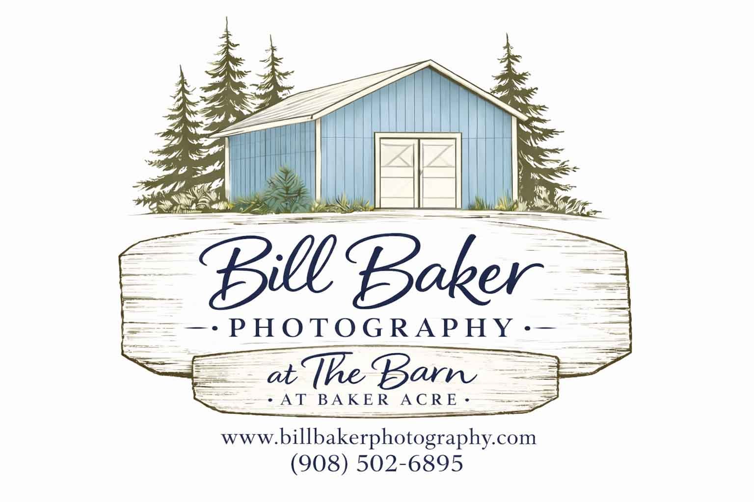 Logo for Bill Baker Photography at The Barn, featuring an illustration of a blue barn surrounded by evergreen trees, and text with website and phone number details.