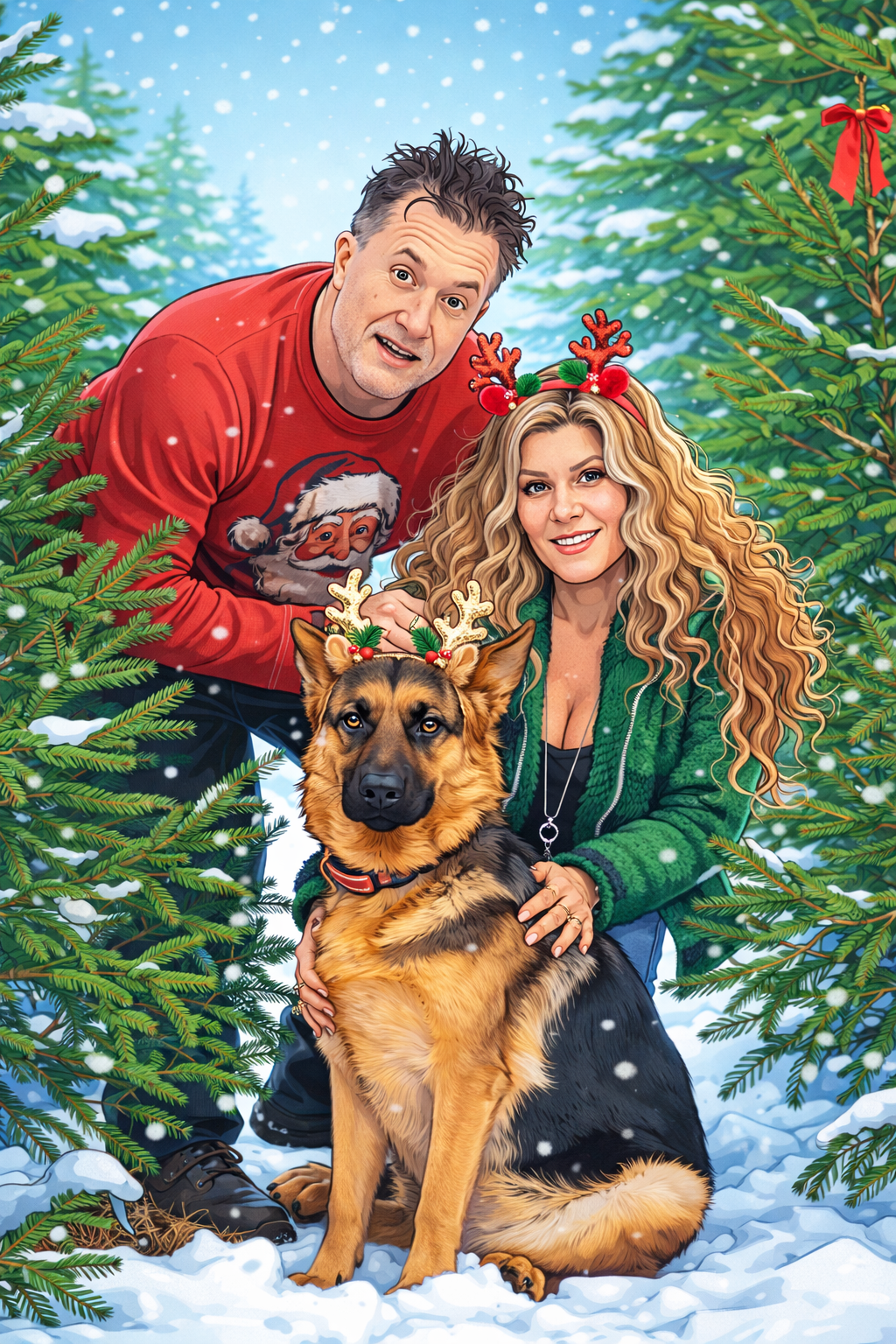 A couple with a dog posing in a snowy forest, dressed in Christmas-themed attire with reindeer antlers and holiday sweaters.