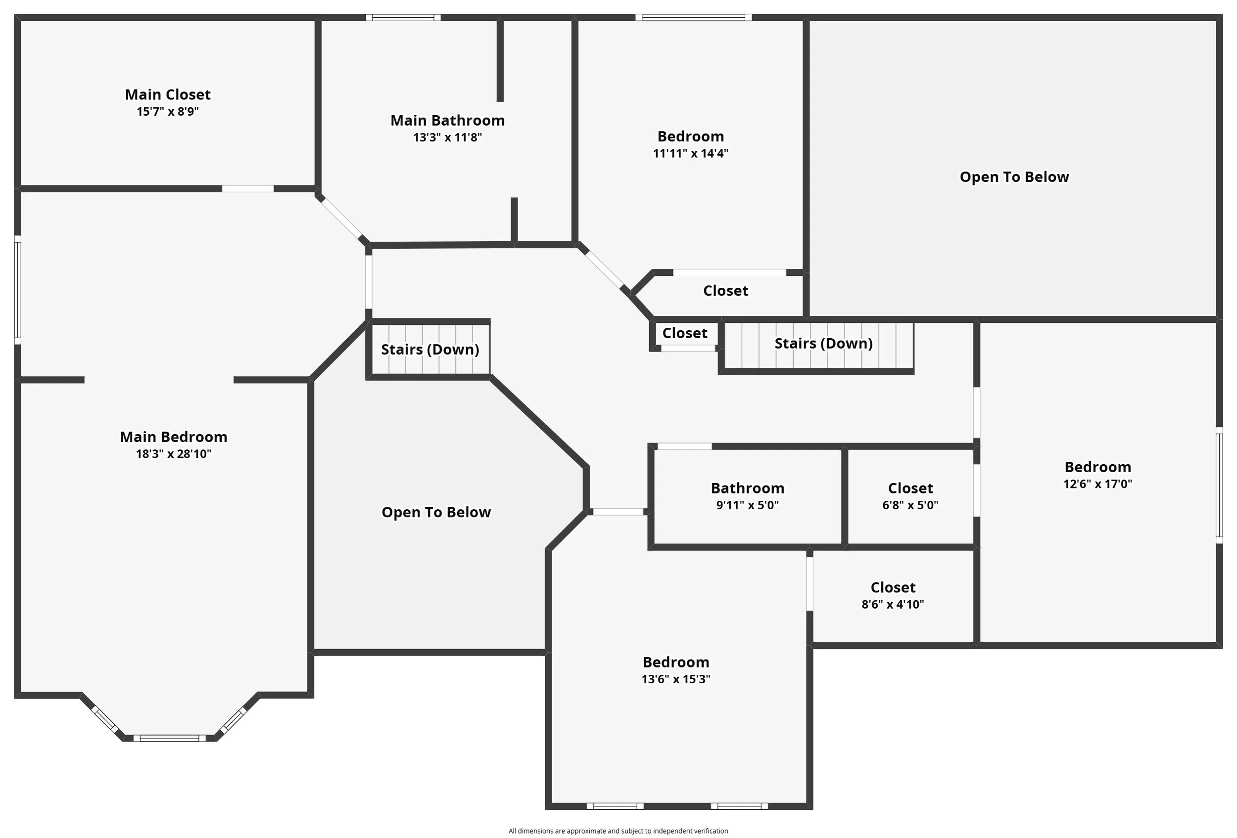 Floor plan of a house showing bedrooms, bathrooms, closets, stairs, and open areas.
