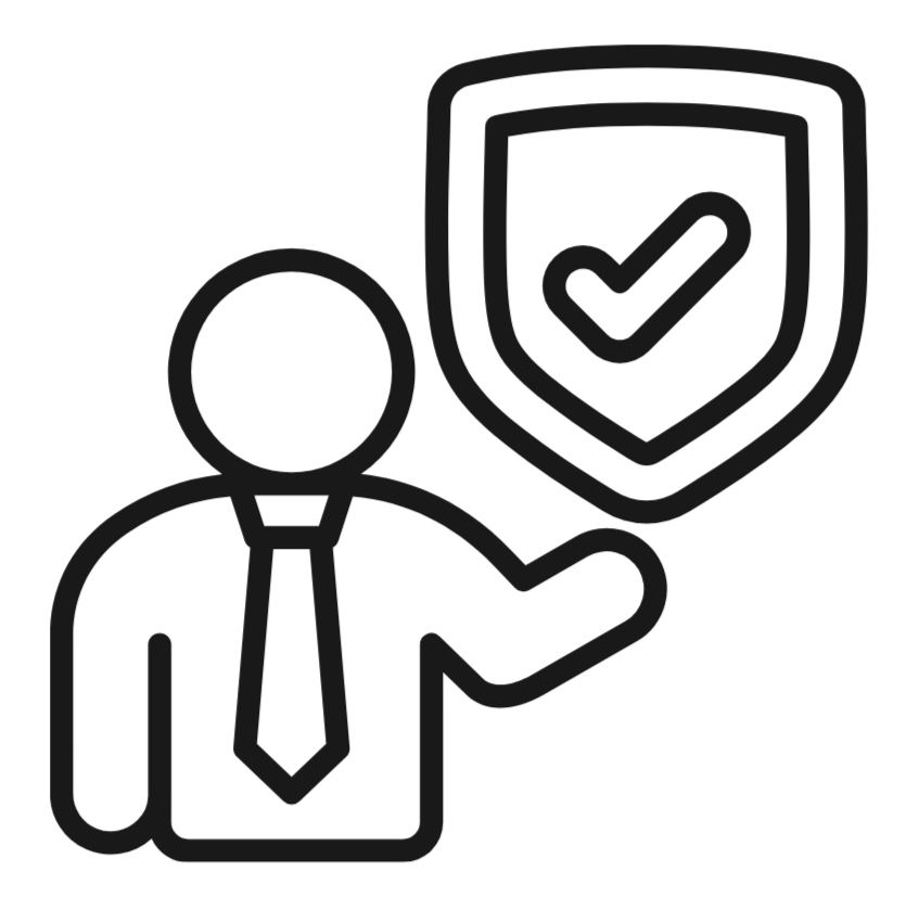 Outline of a person in a suit holding a shield with a checkmark, symbolizing protection or security.