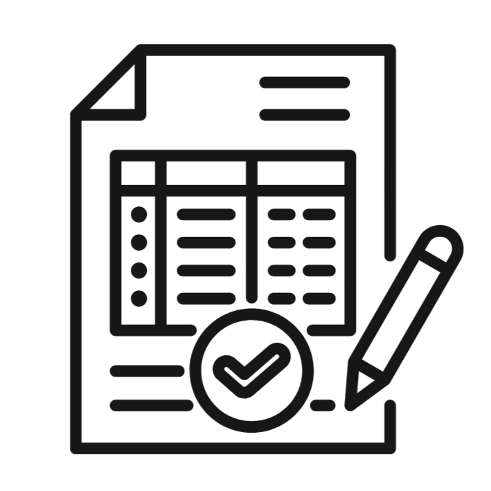 Icon of a report or document with a checkmark, pencil on the side, indicating a completed form or review.