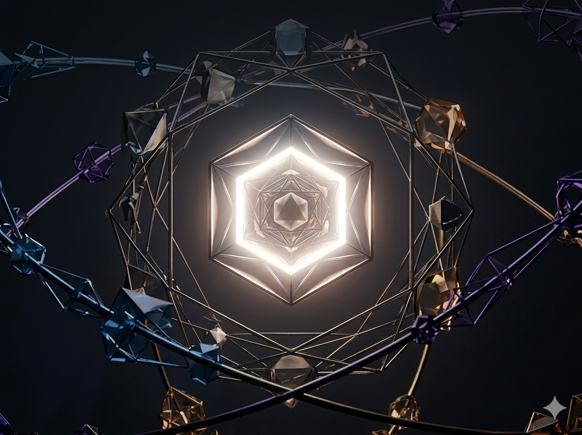 Abstract geometric sculpture with layered wireframe structures and illuminated interior, set against a dark background.