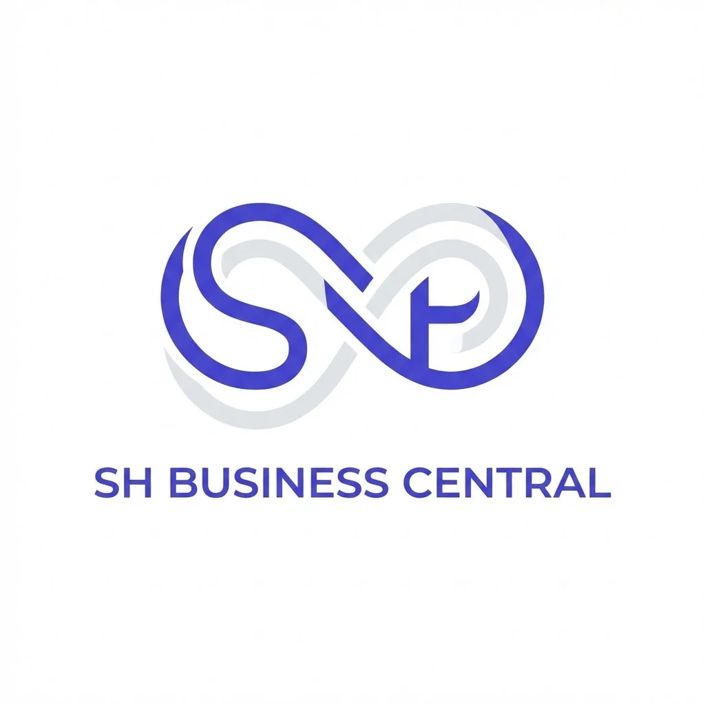Logo of SH Business Central featuring an abstract infinity symbol with the letters 'S' and 'K' inside, and the text 'SH Business Central' below in blue.