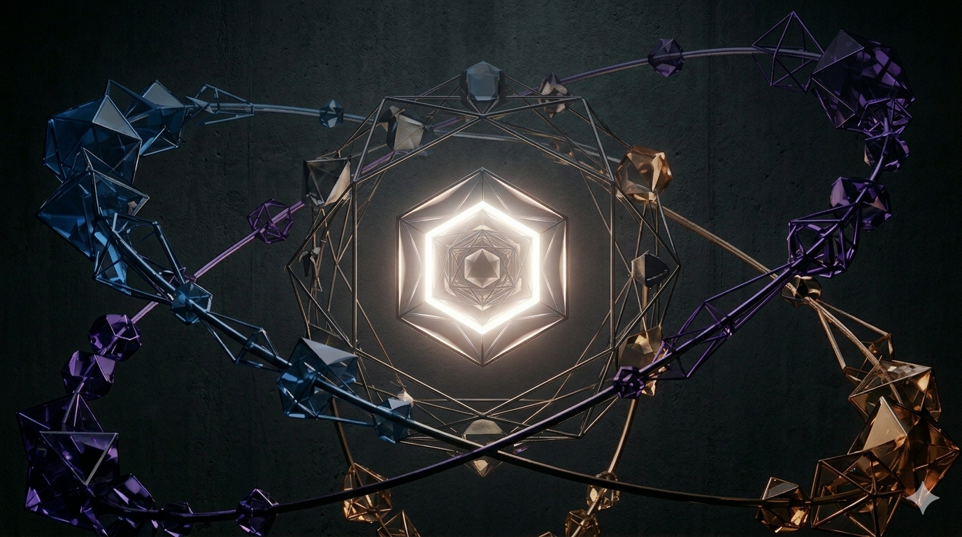 A geometric abstract sculpture with interconnected metallic shapes and glowing light in the center, viewed from below against a dark background.