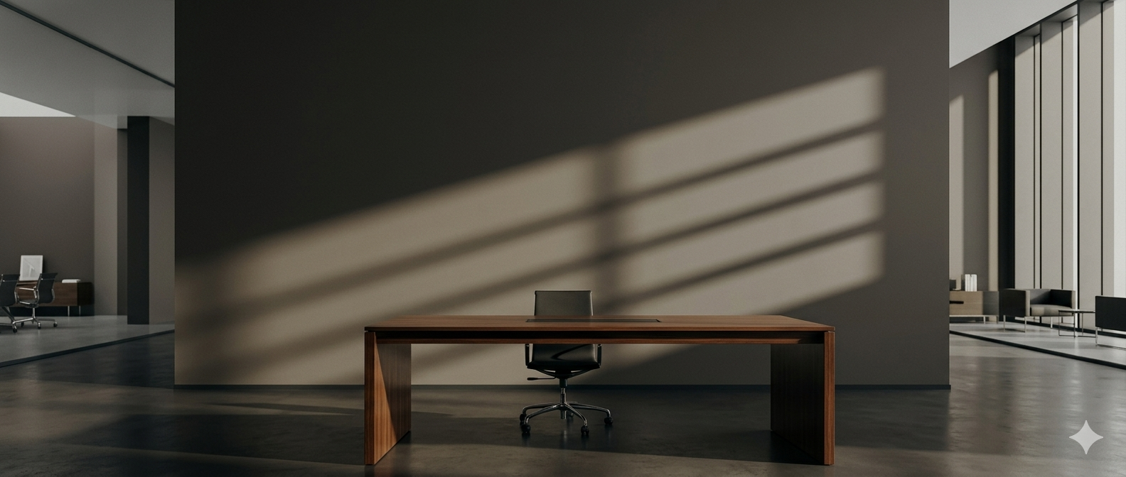 Modern office space with a wooden desk, black office chair, and striped sunlight shadows on the wall.