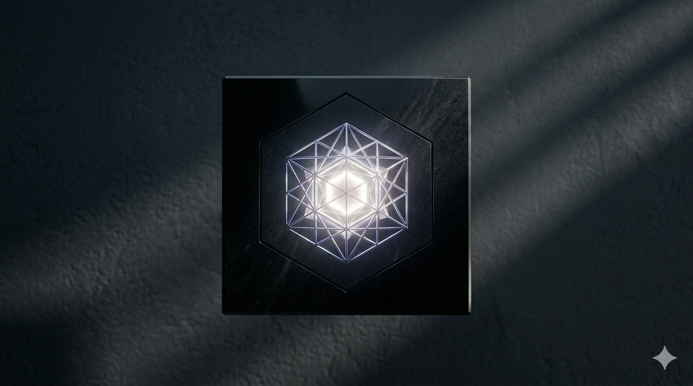 A dark background with a black square in the center featuring a glowing geometric design of interconnected lines forming a sphere and a star inside.