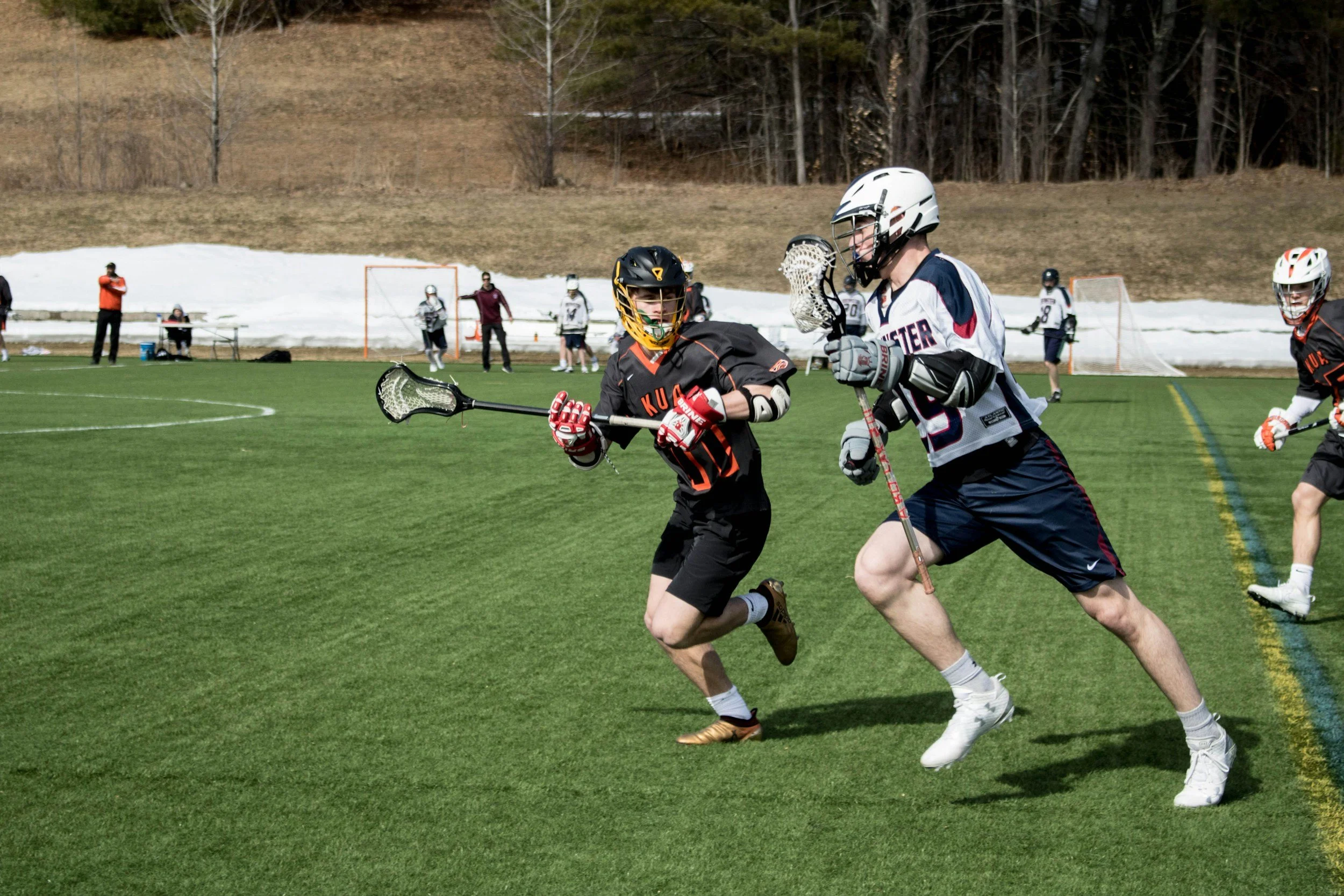 Lacrosse players competing on a grassy field with snow in the background and spectators watching.