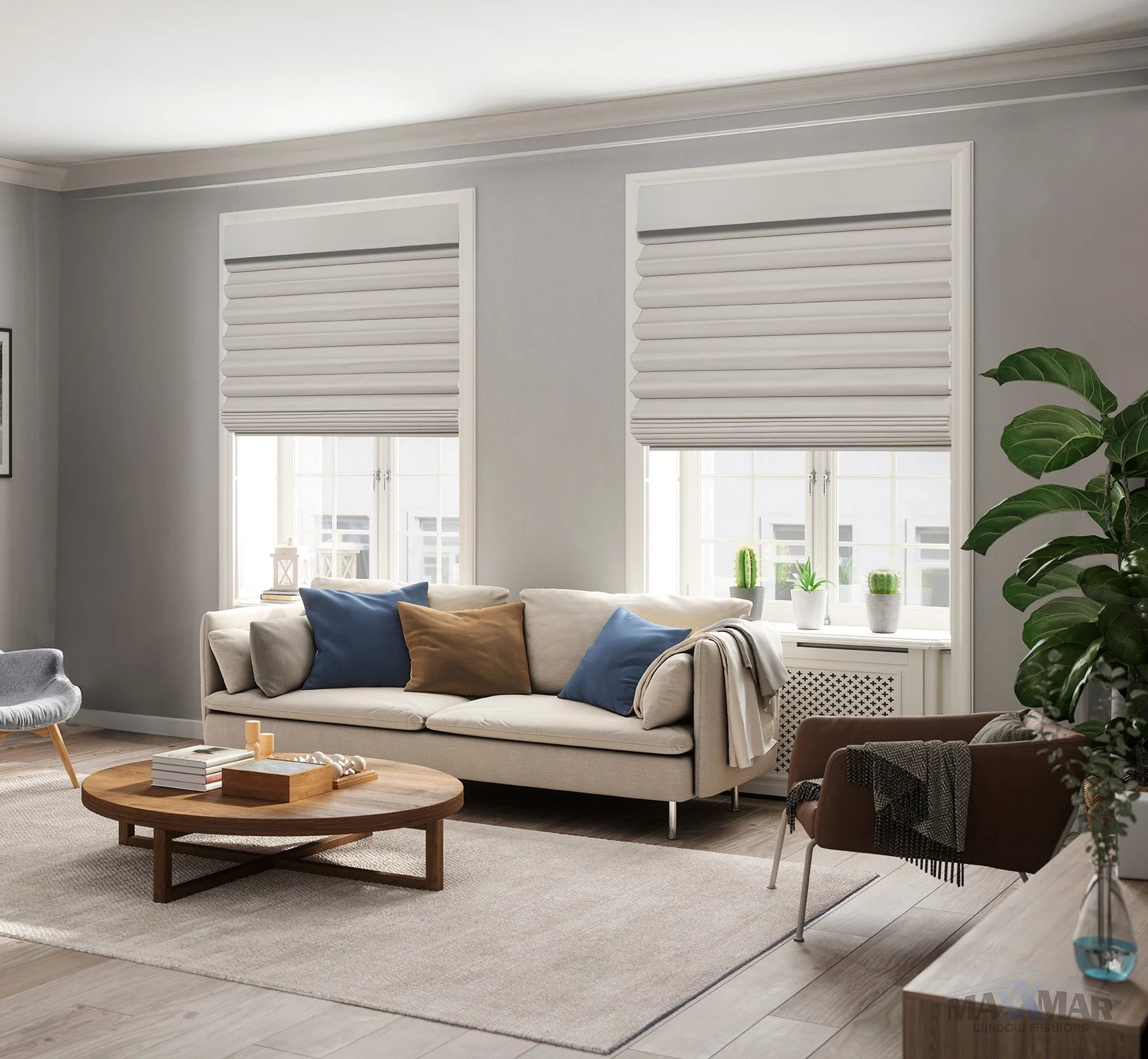 Living room with large windows, beige sofa with pillows, wooden coffee table, gray and brown chairs, green plants, and neutral decor.