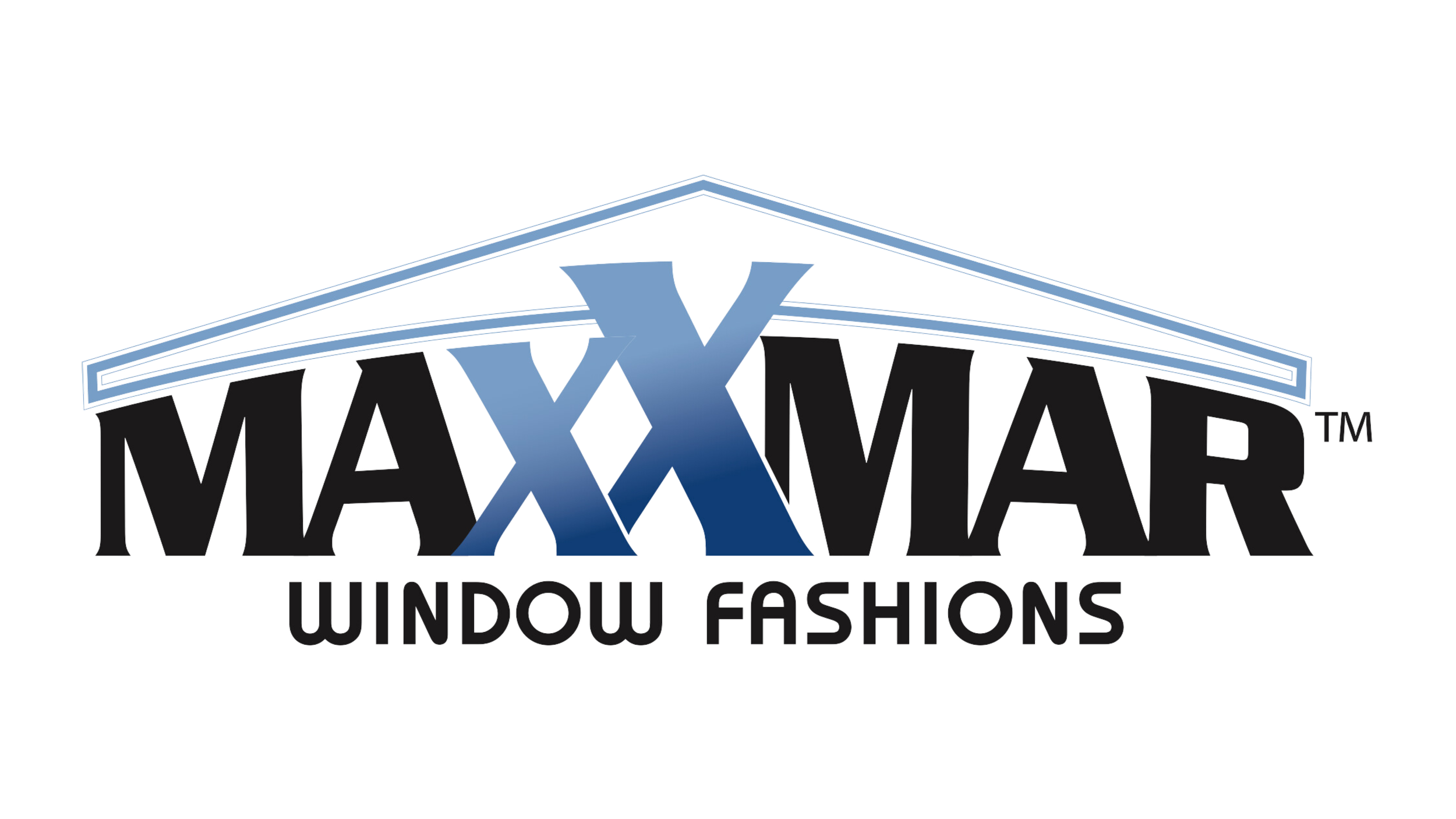Maxxmar Window Fashions logo with black, blue, and gray text and a stylized roof design above