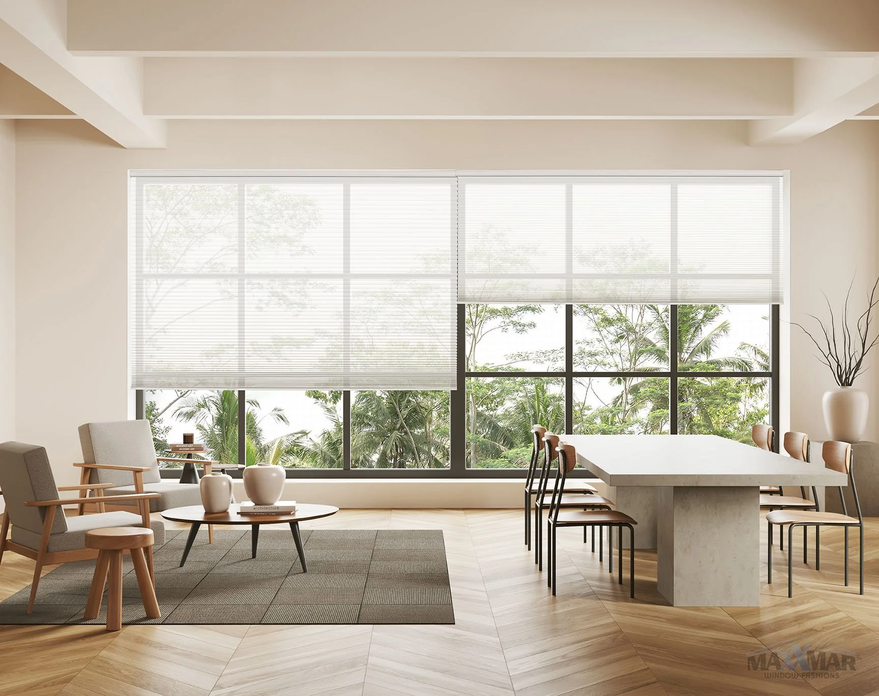 Modern living room with large window showing greenery outside, with seating area and dining table.