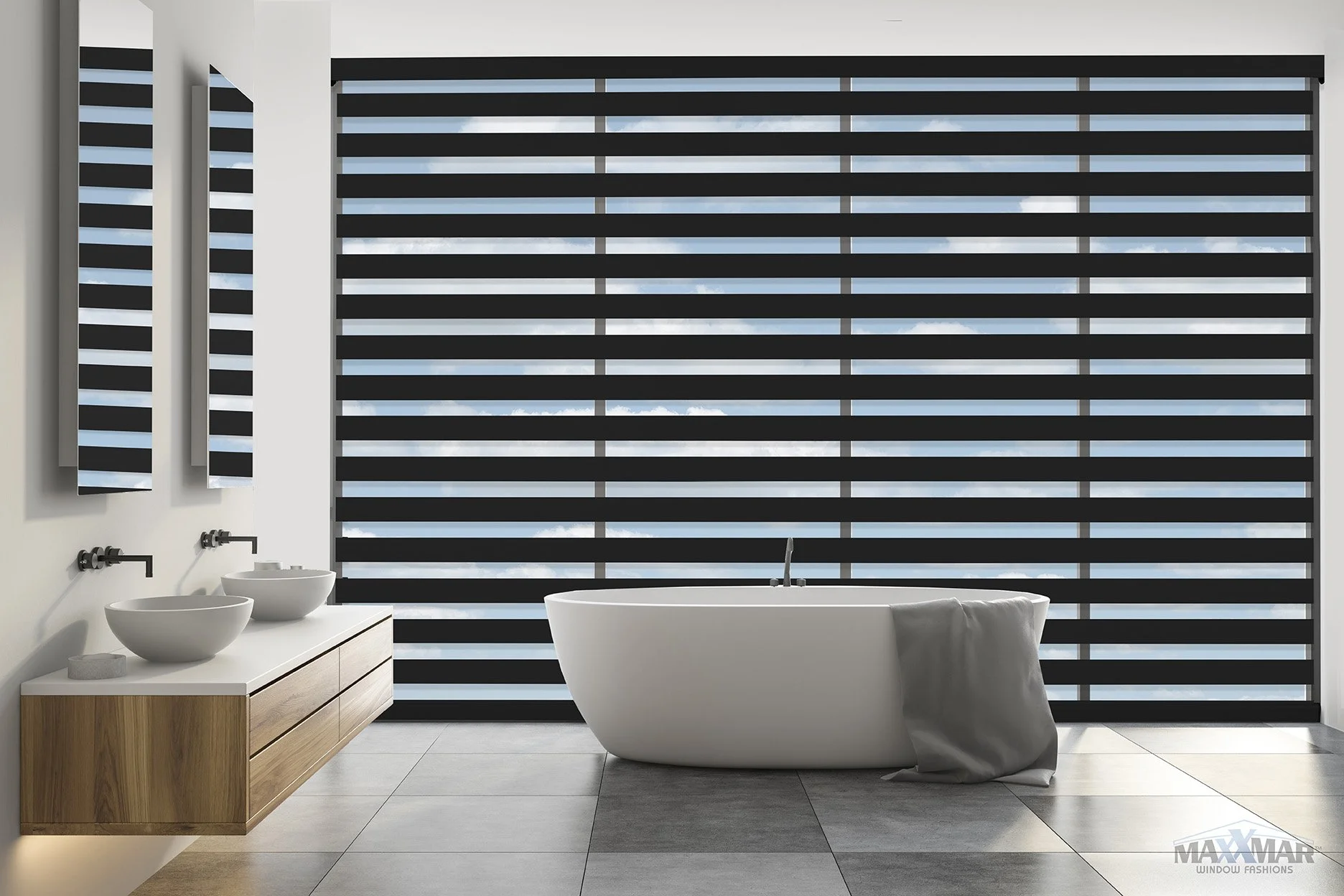 Modern bathroom with a freestanding bathtub in front of a large window with horizontal black and blue blinds, a wall-mounted vanity with two round vessel sinks, and two rectangular mirrors.