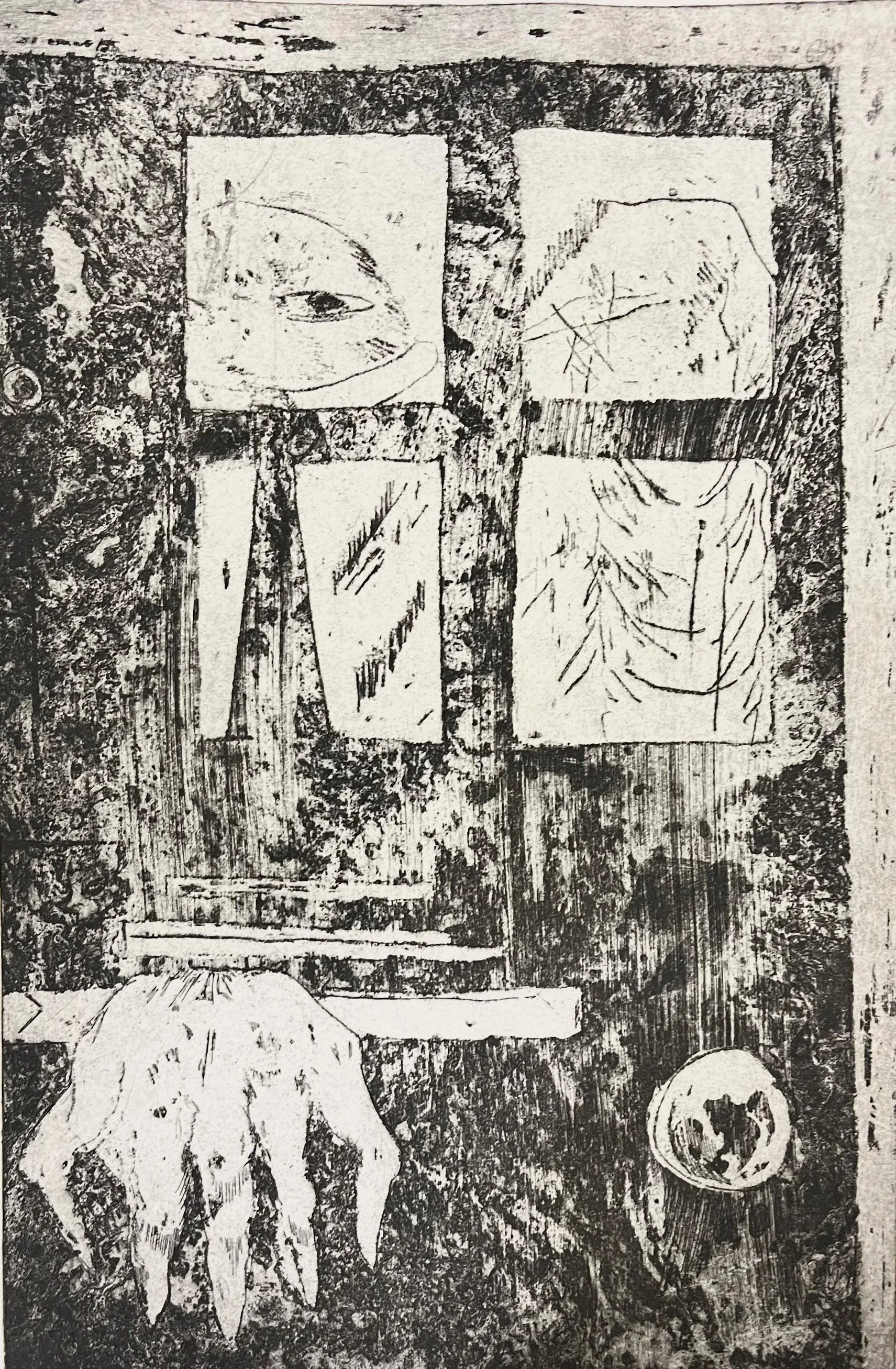 "Invite me in". 2024.
Soft ground etching, marbeling, line etching.
plate size: 16" x 8" 
