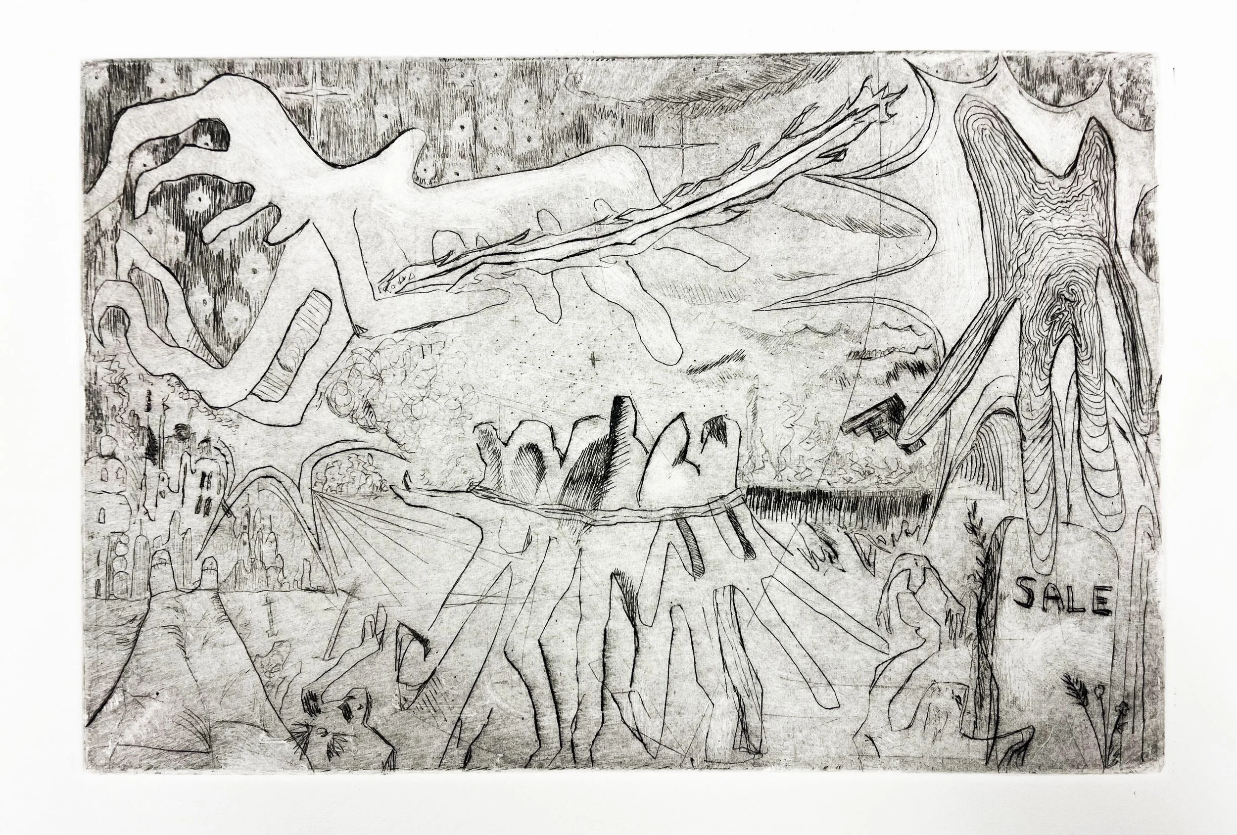 "Angels with Guns". 2023. Drypoint on Copper .
plate size: 8" x 12"