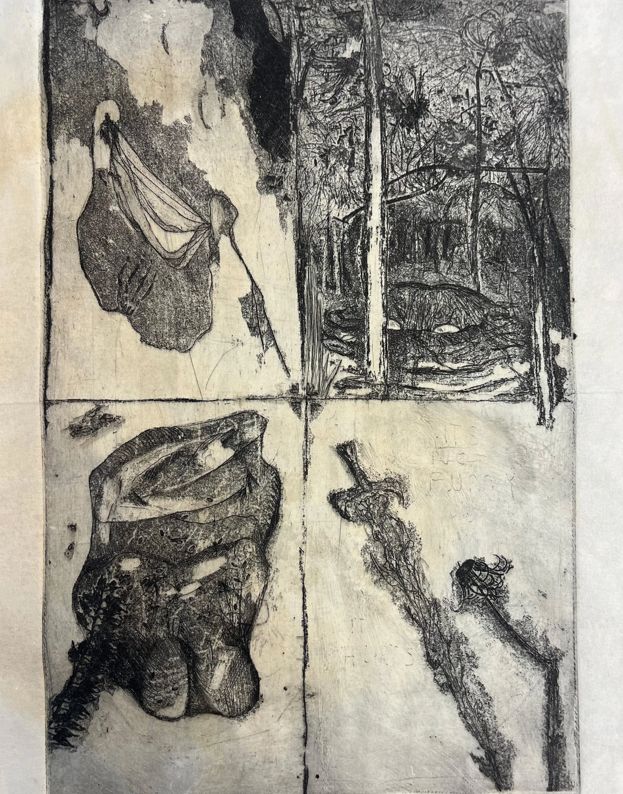 "It's not funny it hurts. It's not icing it's blood." 
2023.
Coffee filter, soft ground and line etching
8" x 12"