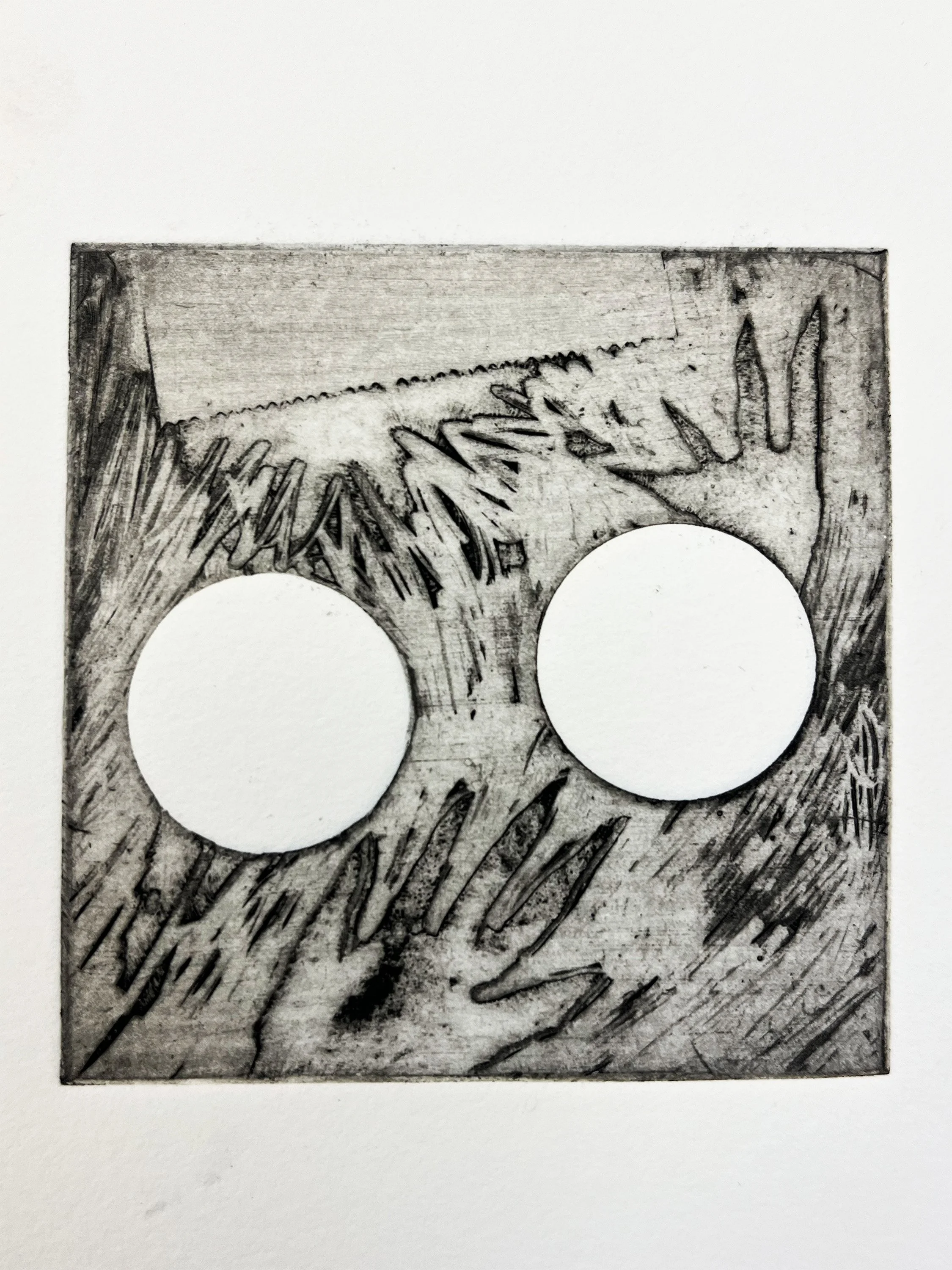 "So close and for what".
2025. Soft ground etching.
plate size: 3" x 3"